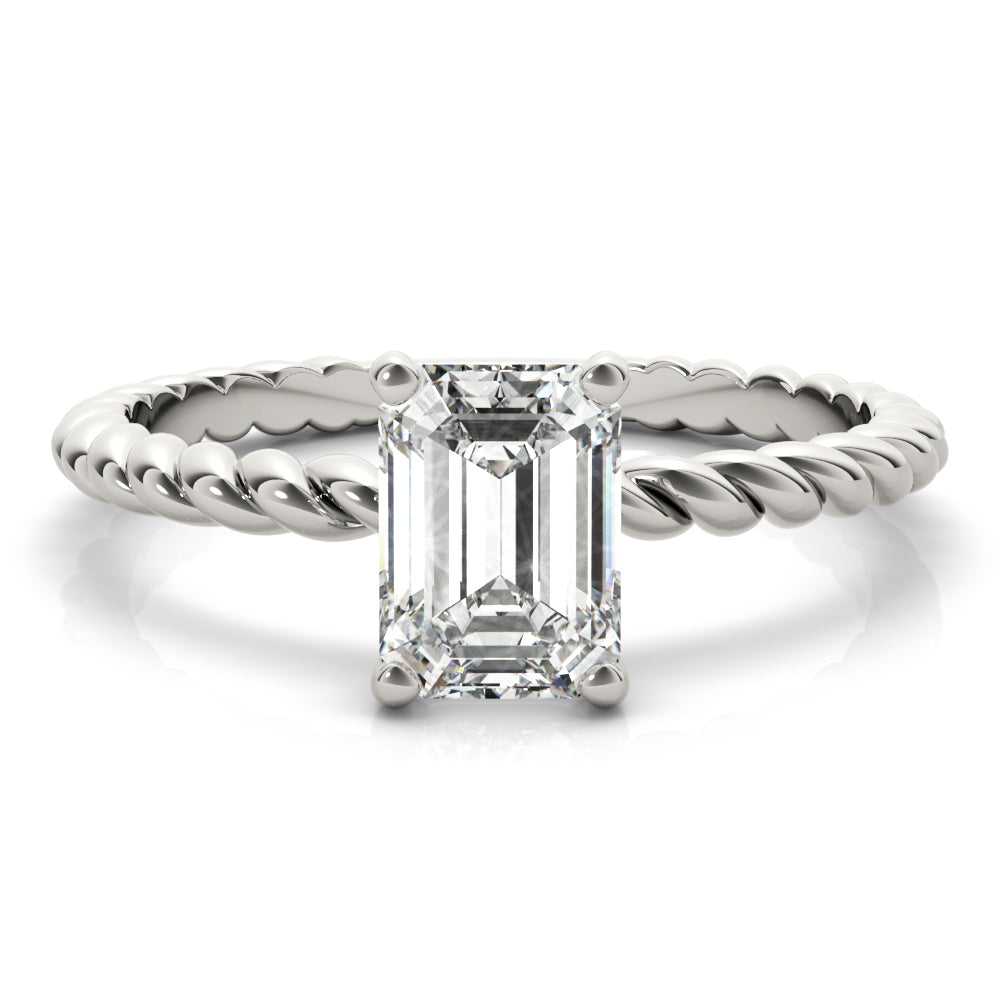 IGI Lab-Grown D-VVS Emerald Cut Diamond Twisted Band 4-Prong Solitaire Engagement Ring.