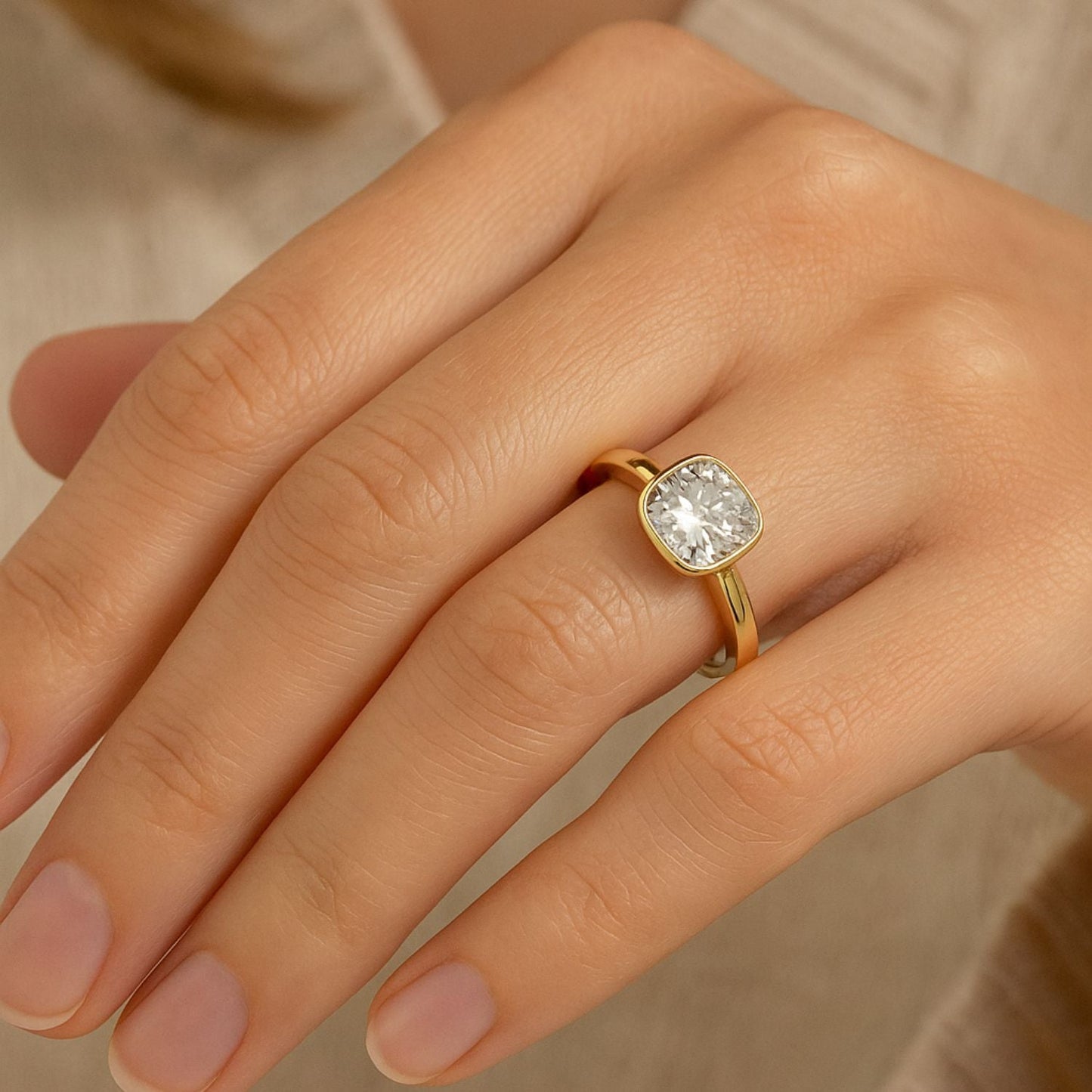 IGI Lab-Grown Cushion Diamond Bezel Set Solitaire Engagement Ring, D Color VVS Clarity