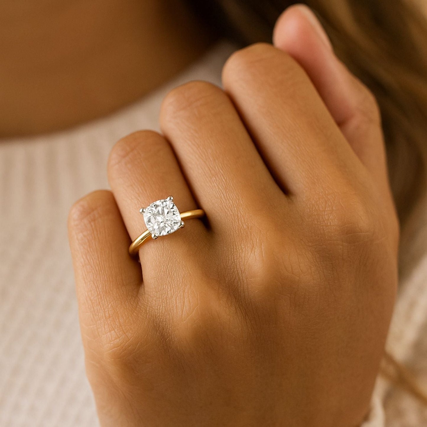 IGI Lab-Grown Cushion Diamond Four Prong Solitaire Engagement Ring, D Color VVS Clarity
