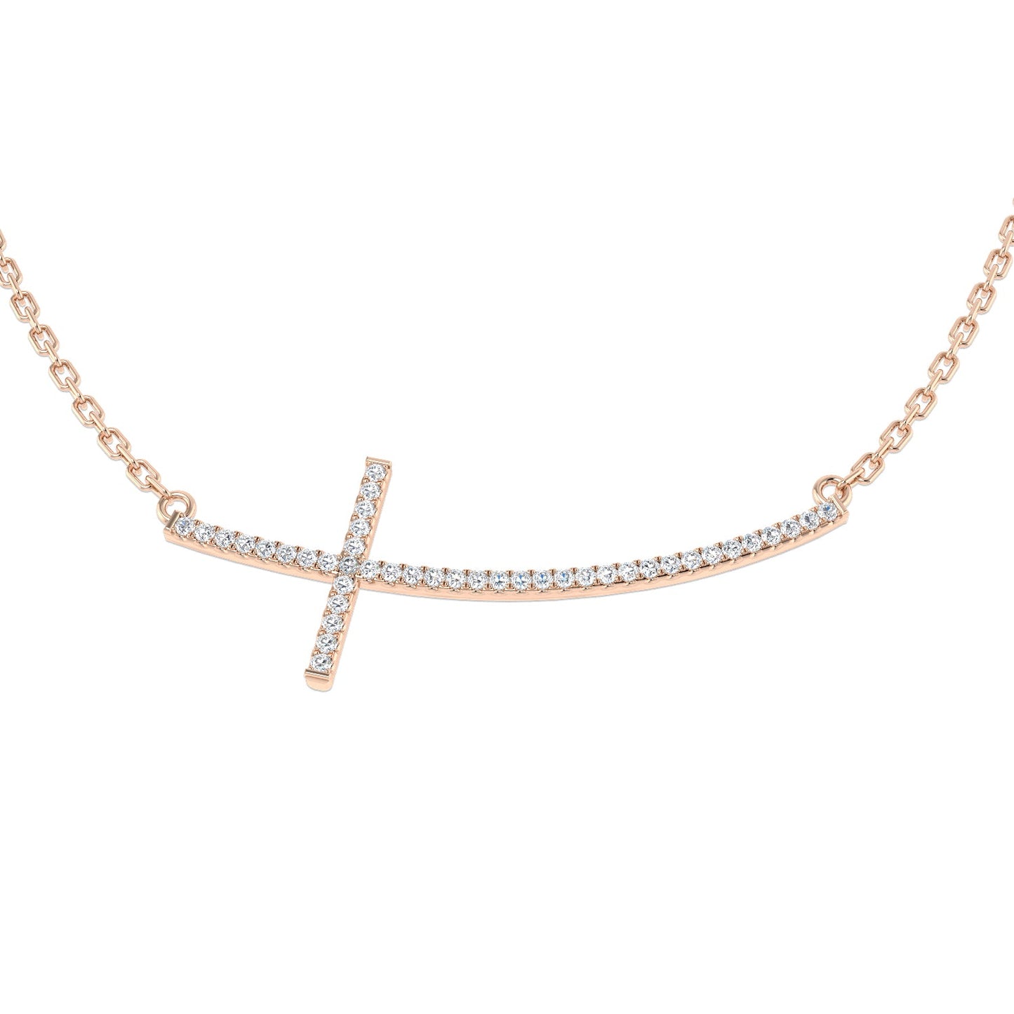 0.12ct Round Diamond PavŽ Setting Curved Sideways Cross Necklace in Gold & Platinum