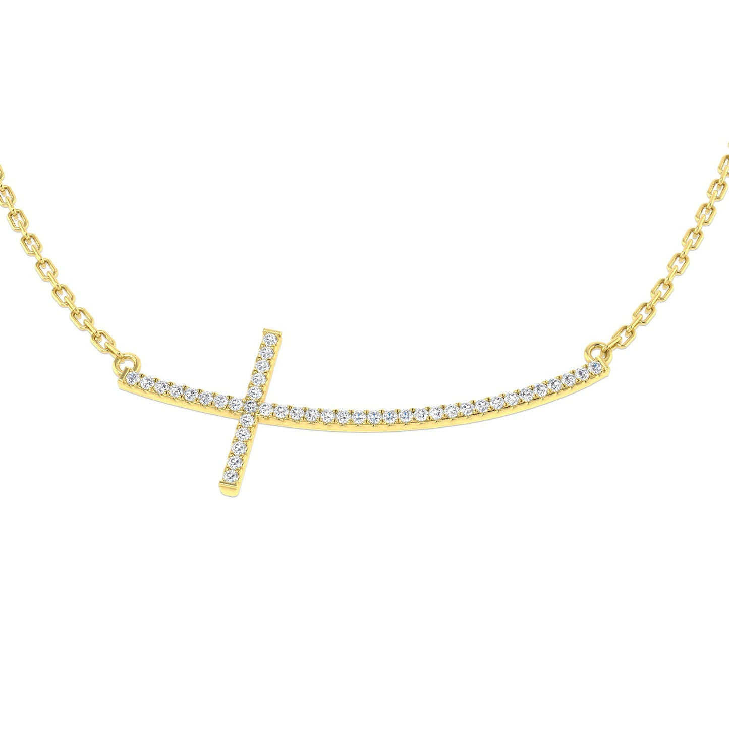 0.12ct Round Diamond PavŽ Setting Curved Sideways Cross Necklace in Gold & Platinum