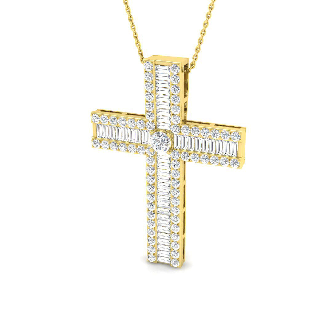 1.03ct Ð 3.83ct Baguette & Round Diamond Shared Prong Set Cross Necklace in 9k and 18k Gold
