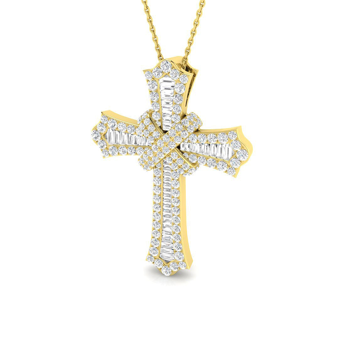 1.9ct Round & Baguette Cut Diamond Iced-Out Cross Pendant in Gold or Platinum