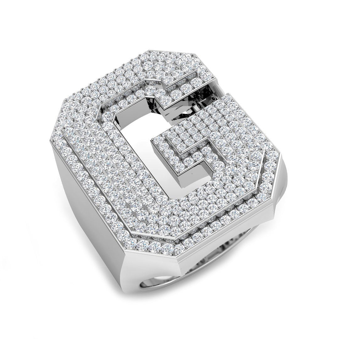 1.30 Carat Round Diamond Block Letter G Cluster PavŽ Statement Initial Ring