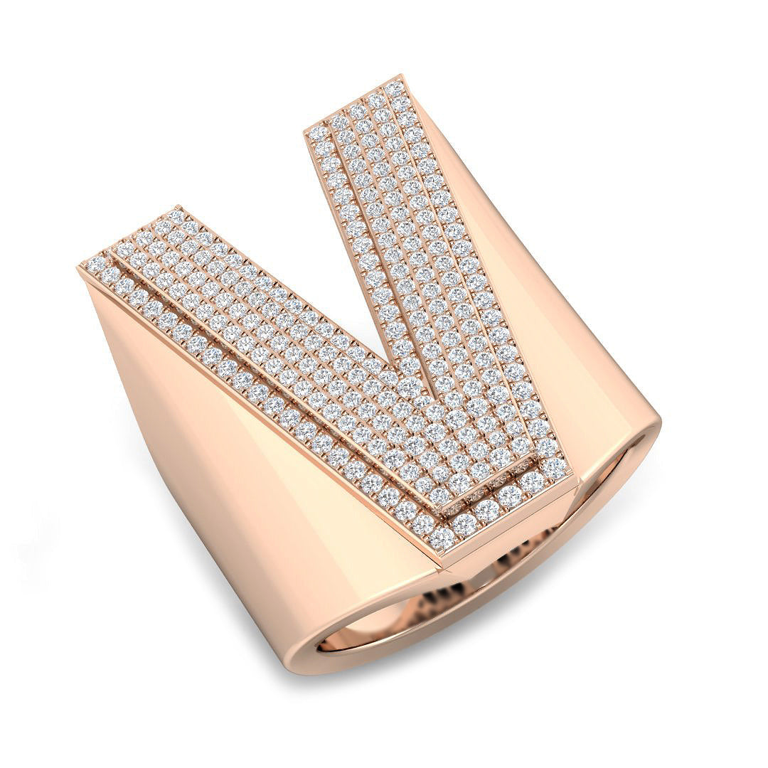 0.88 Carat Round Diamond Block Letter V Cluster PavŽ Statement Initial Ring
