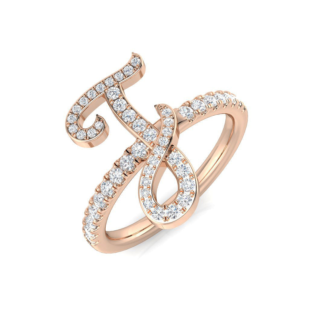 0.37 Carat Round Diamond Micro PavŽ Script Letter J Ring with Diamond Band