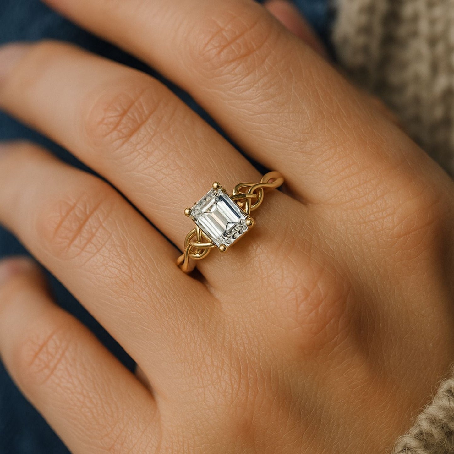 IGI D-VVS Lab-Grown Emerald Cut Diamond Intertwined Knot Solitaire Engagement Ring.