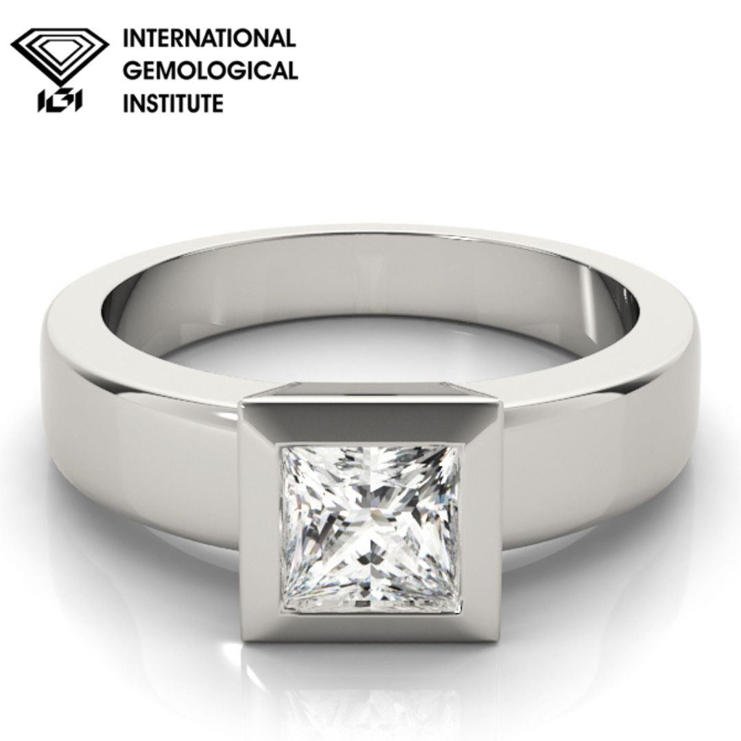 IGI Lab-Grown Princess Cut Diamond D-VVS Solitaire Bezel Set Engagement Ring.