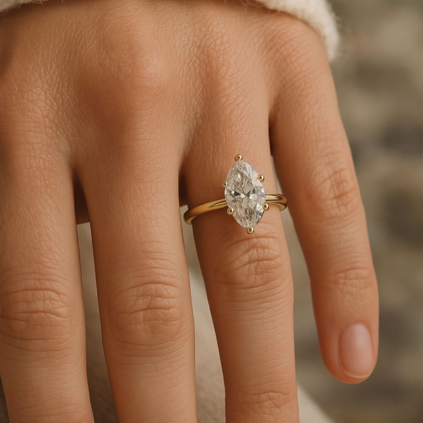 IGI Lab-Grown Marquise Cut D-VVS Diamond Six Prong Solitaire Engagement Ring.