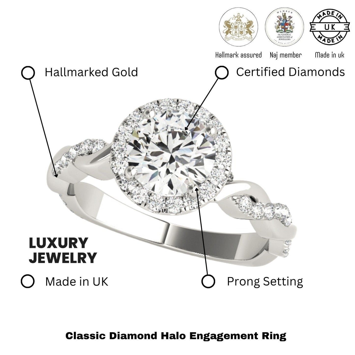 Lab Grown Round Diamond Halo Engagement Ring 18K White Gold