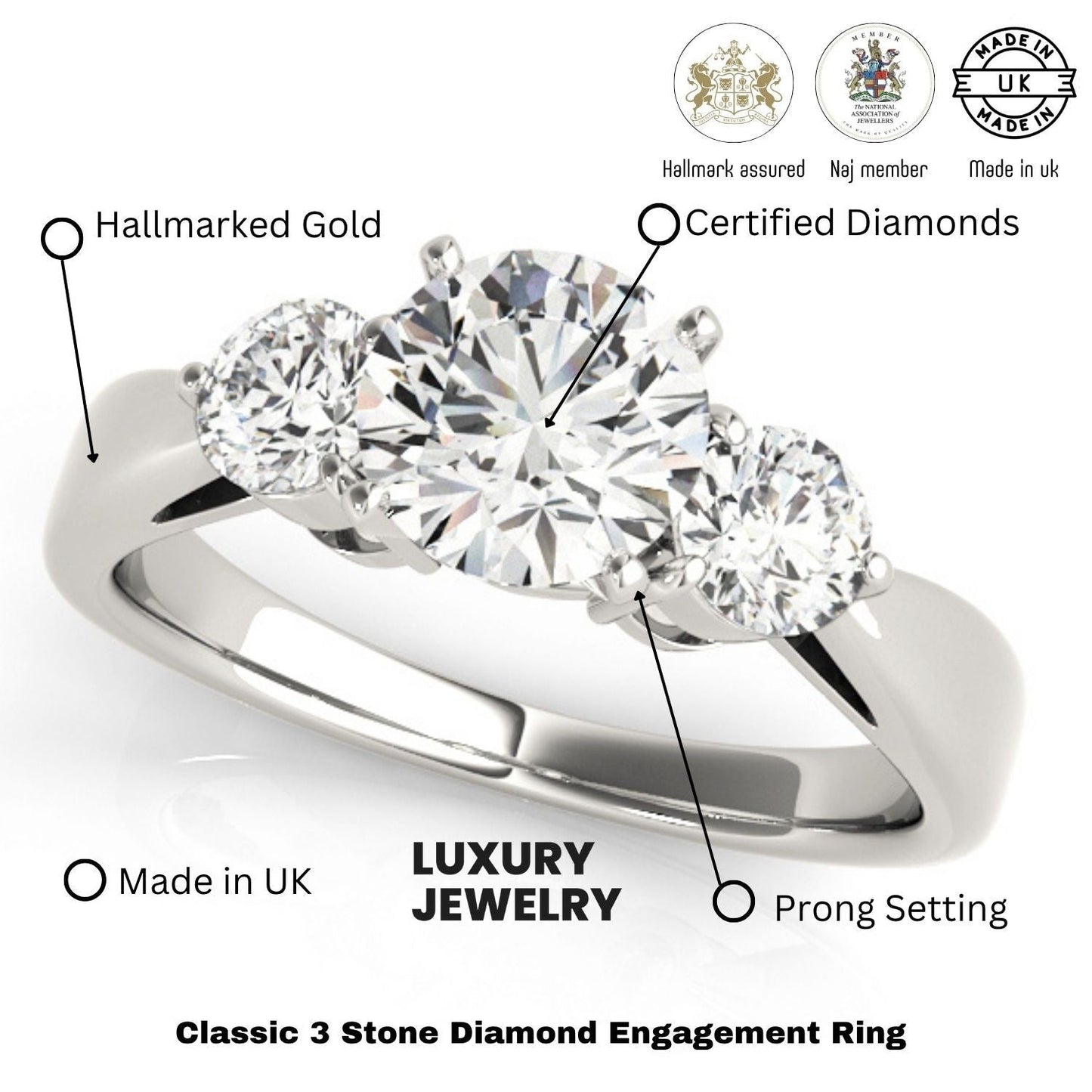 Platinum Round Diamond V Prong Trilogy Engagement Ring - DE/VS 2Ct Lab Grown