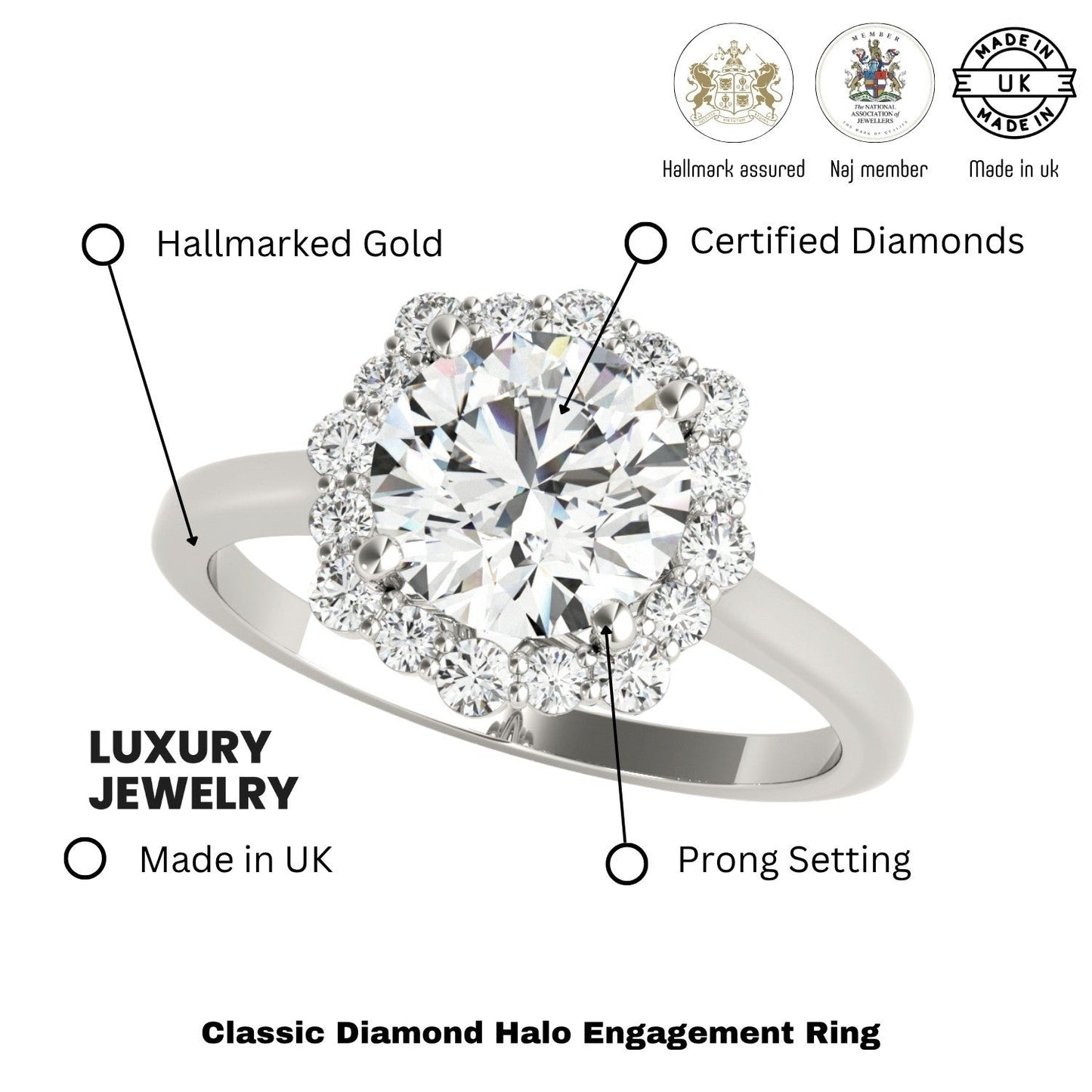 Lab-Grown Diamond Halo Engagement Ring in Platinum UK Hallmarked