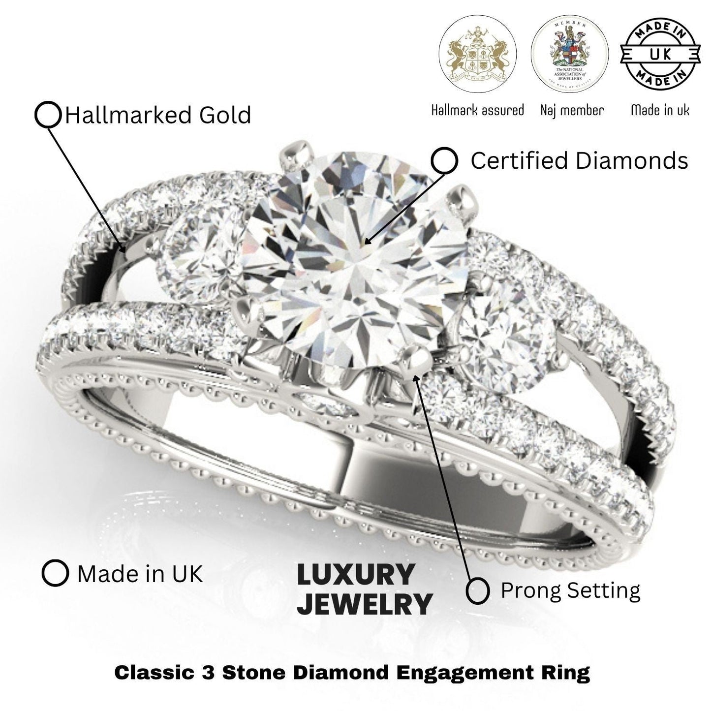 Lab Grown Round Diamond 3 Stone Engagement Ring In 950 Platinum DE/VS 2CT