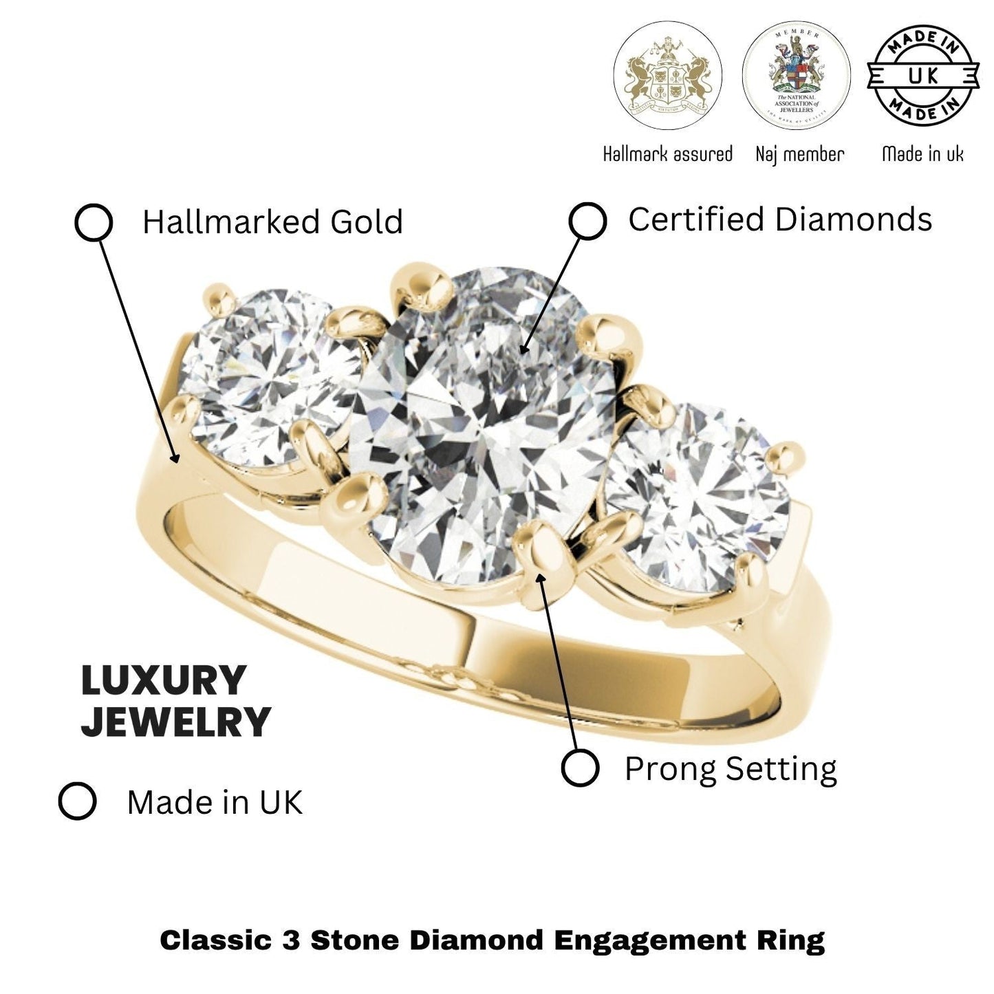 18k yellow gold Oval cut Trilogy Engagement Ring Ð 2Ct DE/VS Lab Grown Diamonds