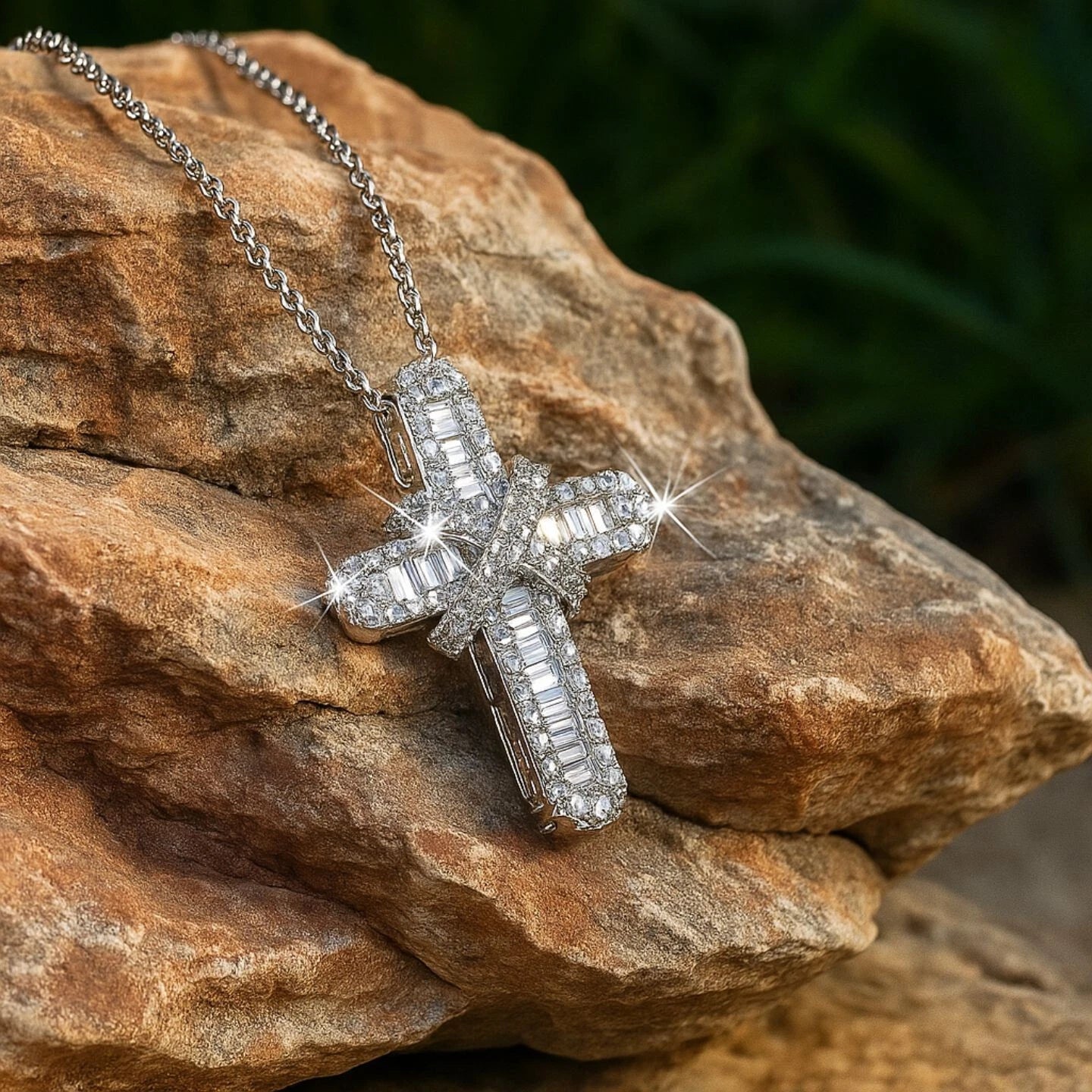 1.25Ct Natural Baguette & Round Diamond Cross Pendant