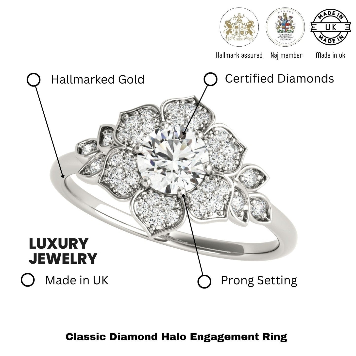 Lab-Grown Diamond Halo Engagement Ring in Platinum UK Hallmarked