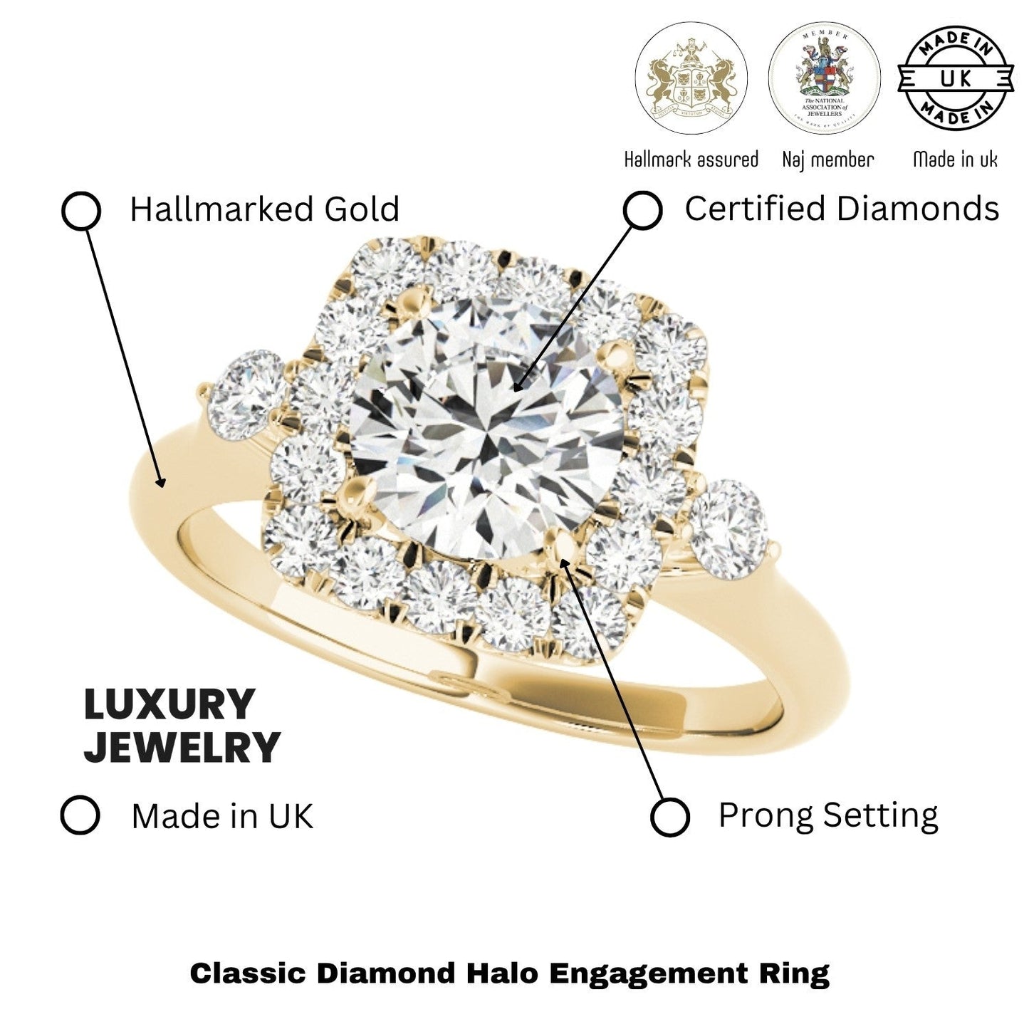 Lab Grown Round Diamond Halo Engagement Ring 18K Yellow Gold