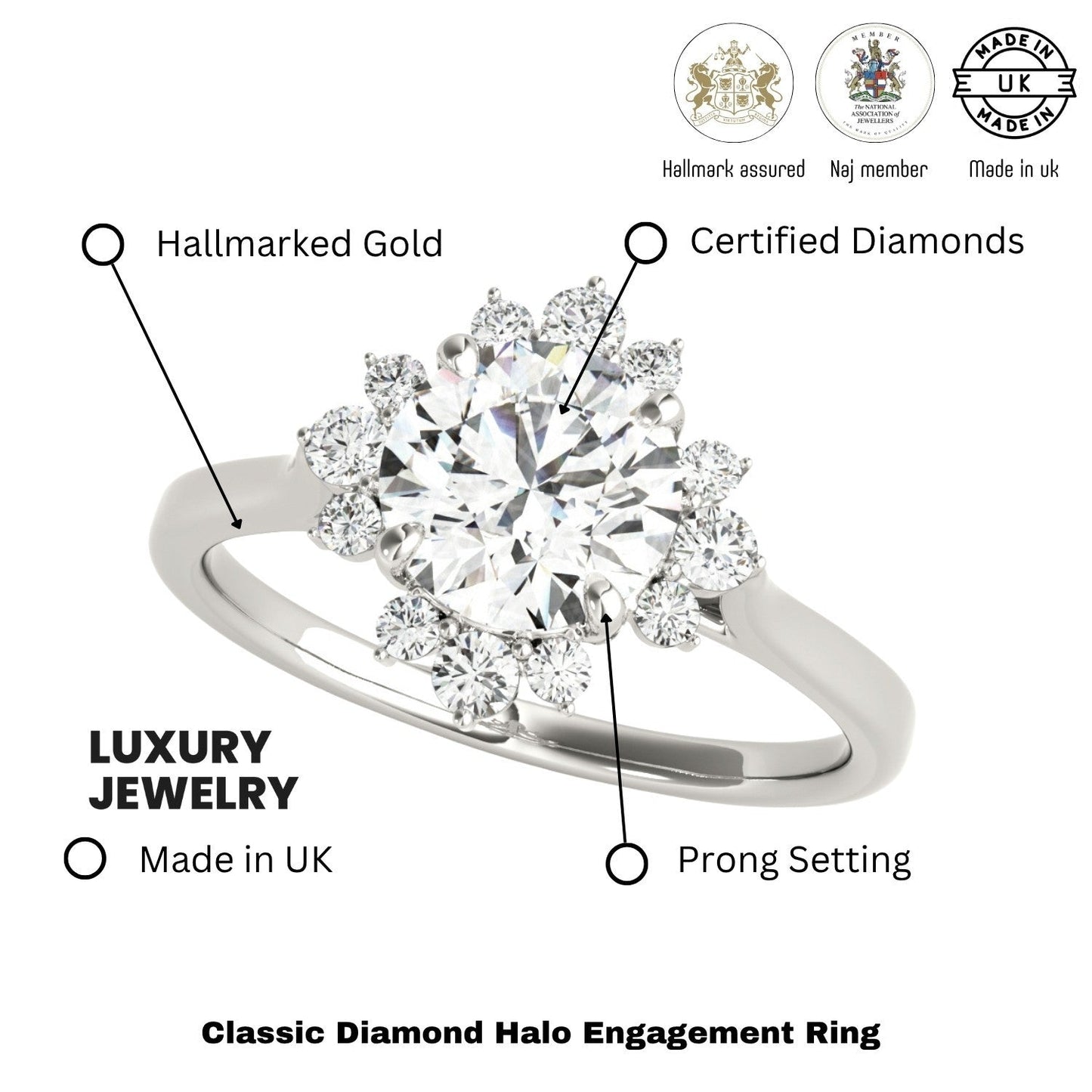 2.00 CT Lab-Grown Diamond Halo Engagement Ring in Platinum UK Hallmarked
