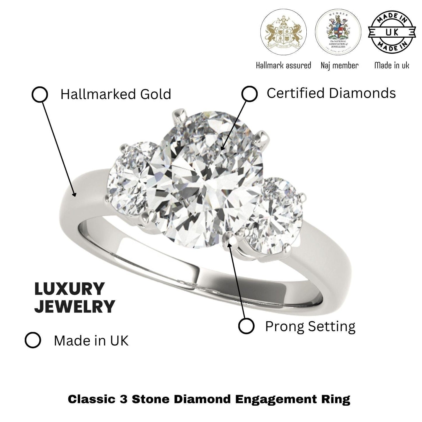 18k White gold Oval cut Trilogy Engagement Ring Ð 2Ct DE/VS Lab Grown Diamonds