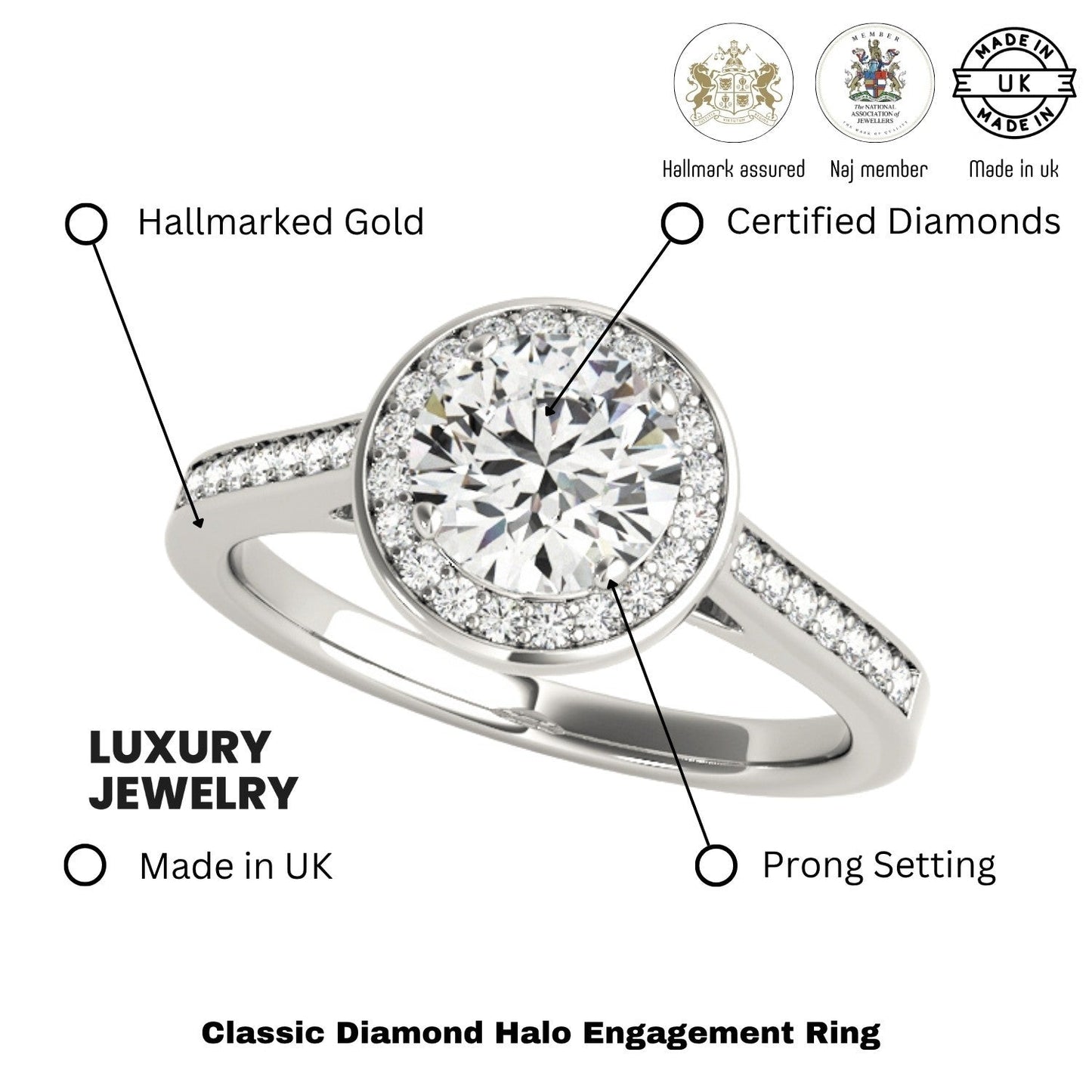 Lab Grown Round Diamond Halo Engagement Ring 18K White Gold
