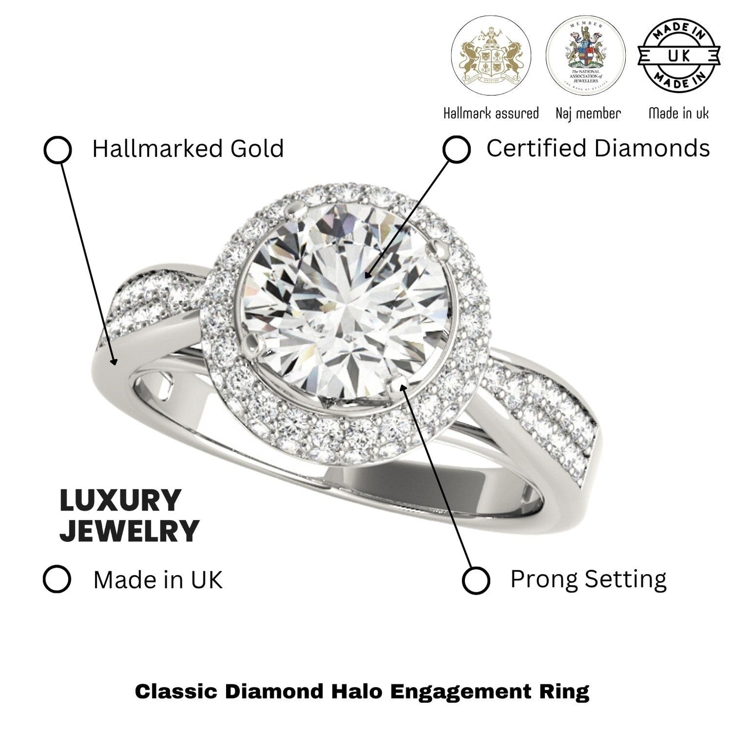 2.00 Ct Lab Grown Round Diamond Halo Engagement Ring 18K White Gold