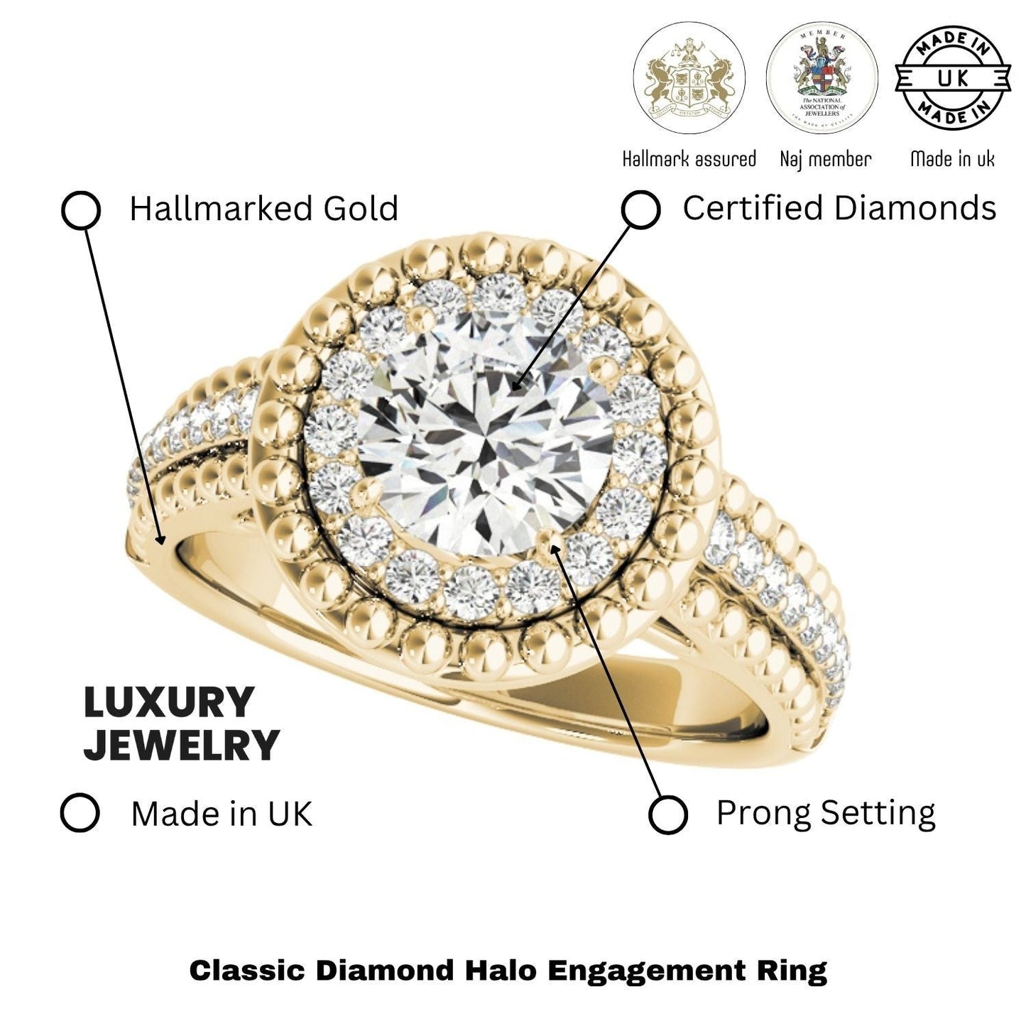 2Ct DE/VS Lab Grown Round Diamond Halo Engagement Ring 18K Yellow Gold