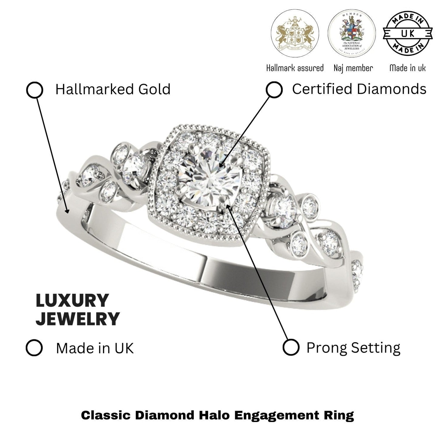2.00Ct DE/VS Lab Grown Round Diamond Halo Engagement Ring 18K White Gold