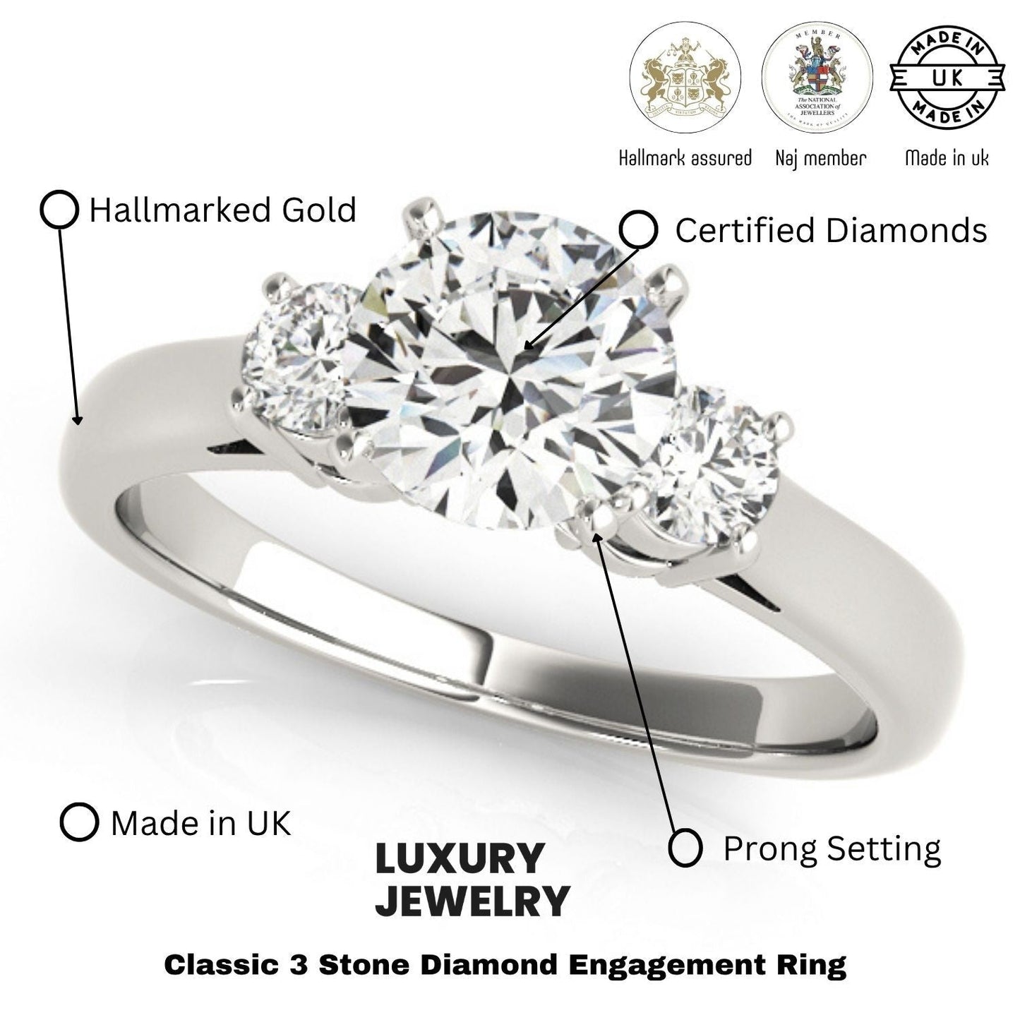 0.50Ct - 2.00Ct DE/VS Lab Grown Round Diamond 3 Stone Engagement Ring Platinum
