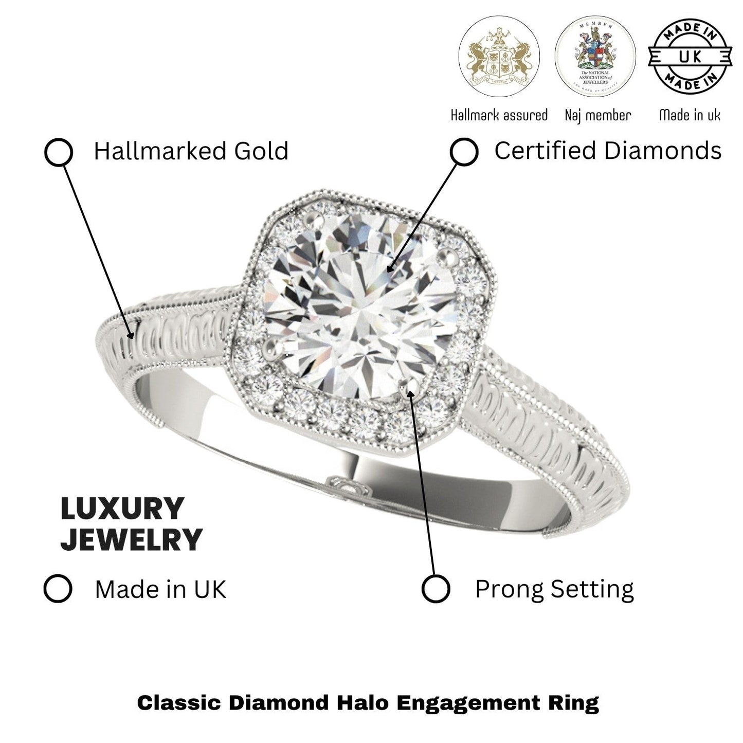 Lab Grown Round Diamond Halo Engagement Ring 18K White Gold