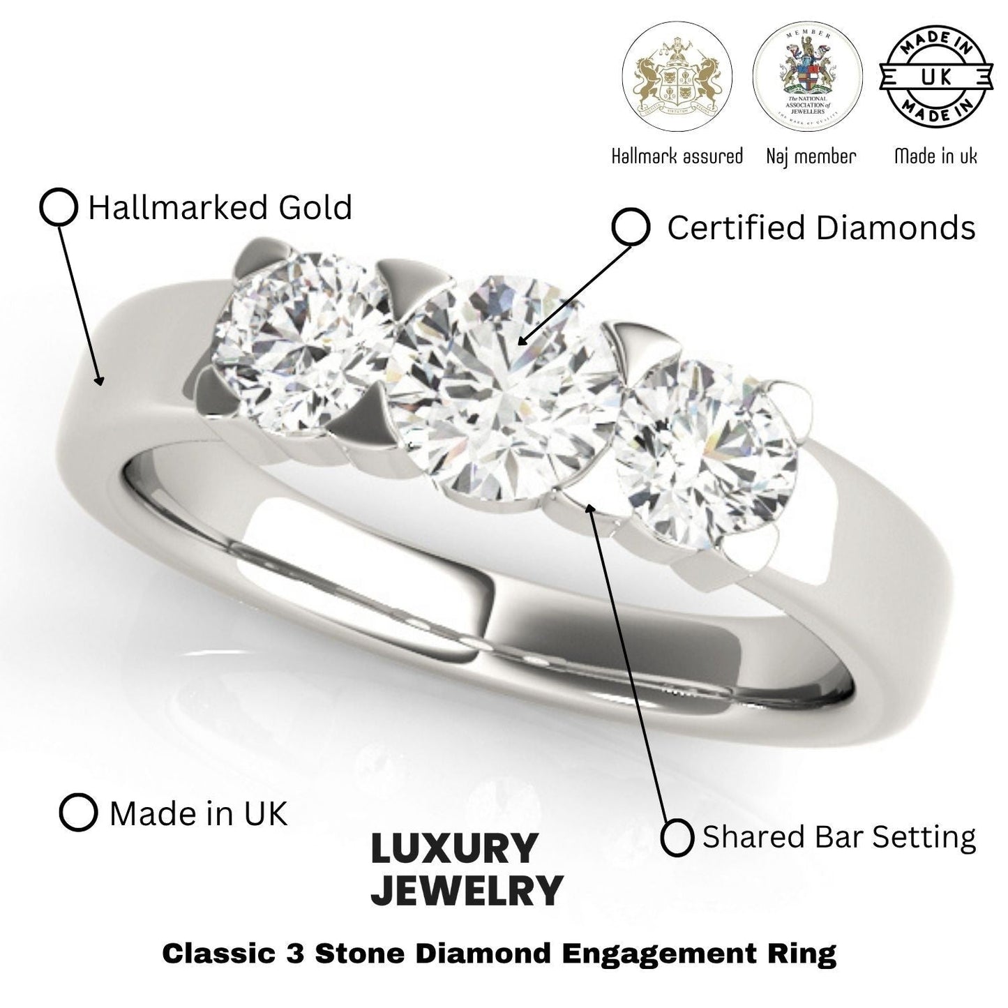 0.50Ct - 2.00Ct DE/VS Platinum Lab Grown Round Diamond Trilogy Engagement Ring