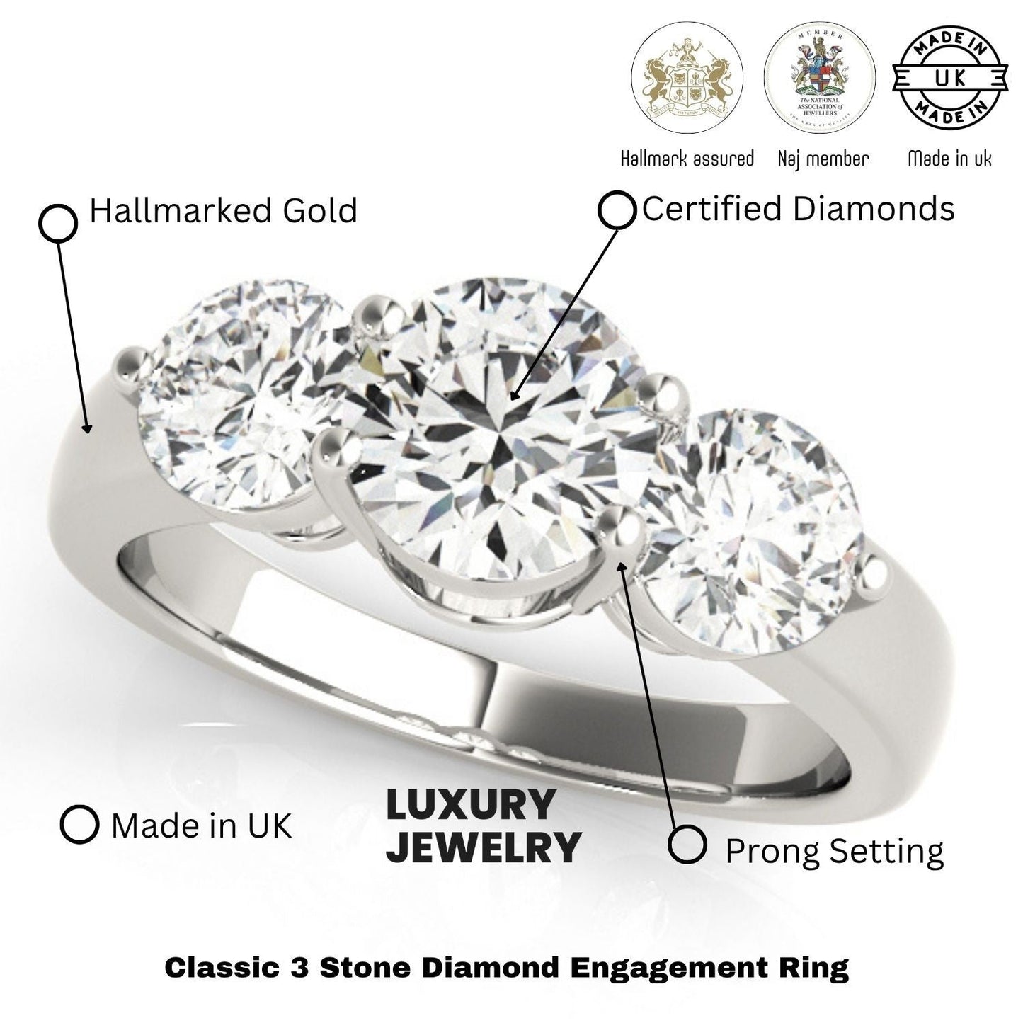 Lab Grown Round Diamond Trilogy Engagement Ring Platinum 0.50Ct To 2.00Ct DE/VS