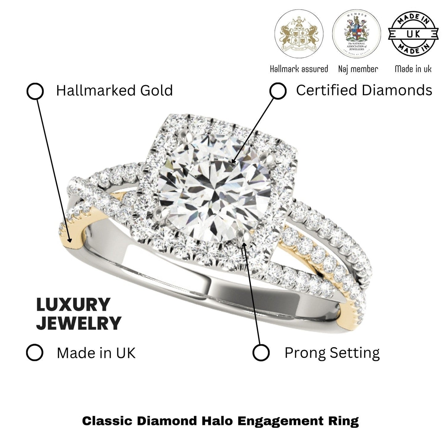 Lab Grown Round Diamond Halo Engagement Ring 18KYellow Gold