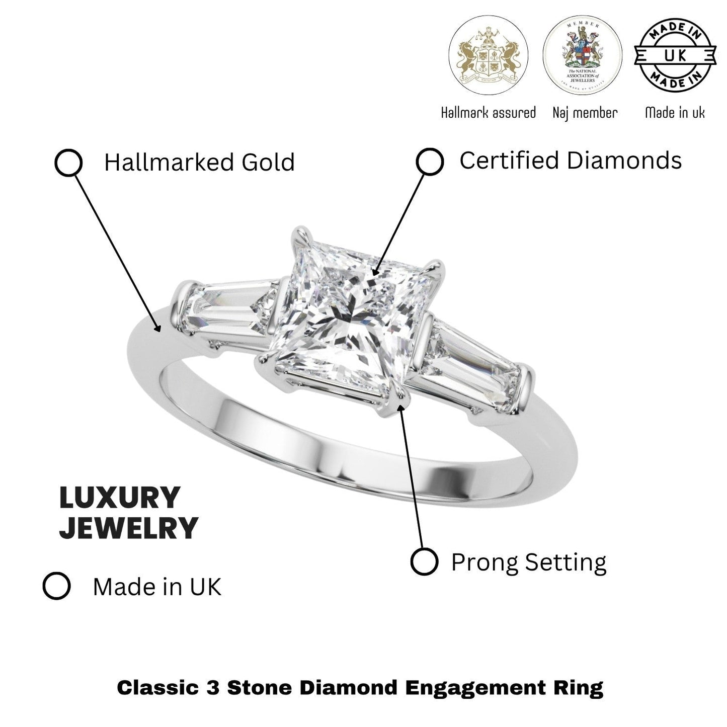 2.00CT DE/VS Lab-Grown Square Cut Diamond 3 Stone Engagement Ring