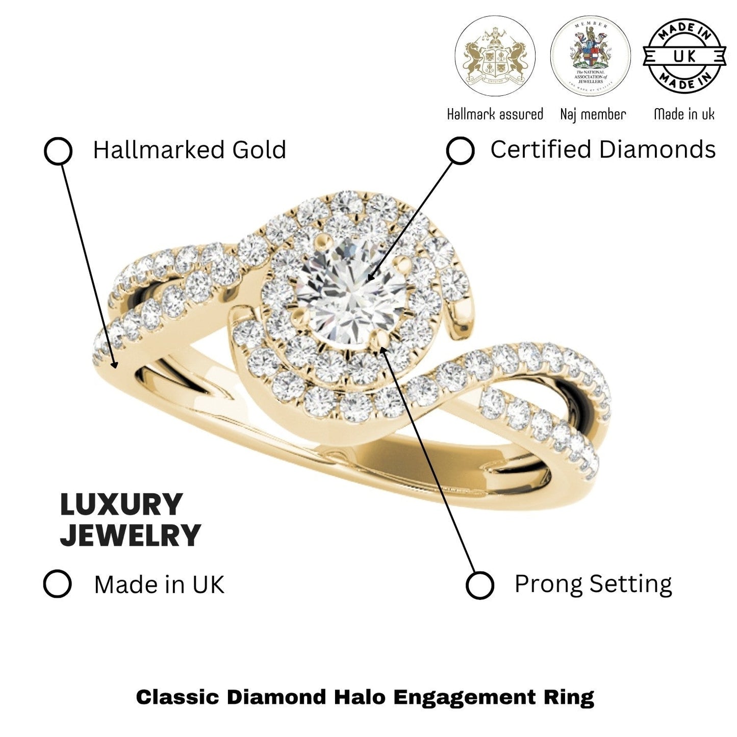 2.00Ct Round Lab Grown Diamond Halo Engagement Ring In 18K Yellow Gold