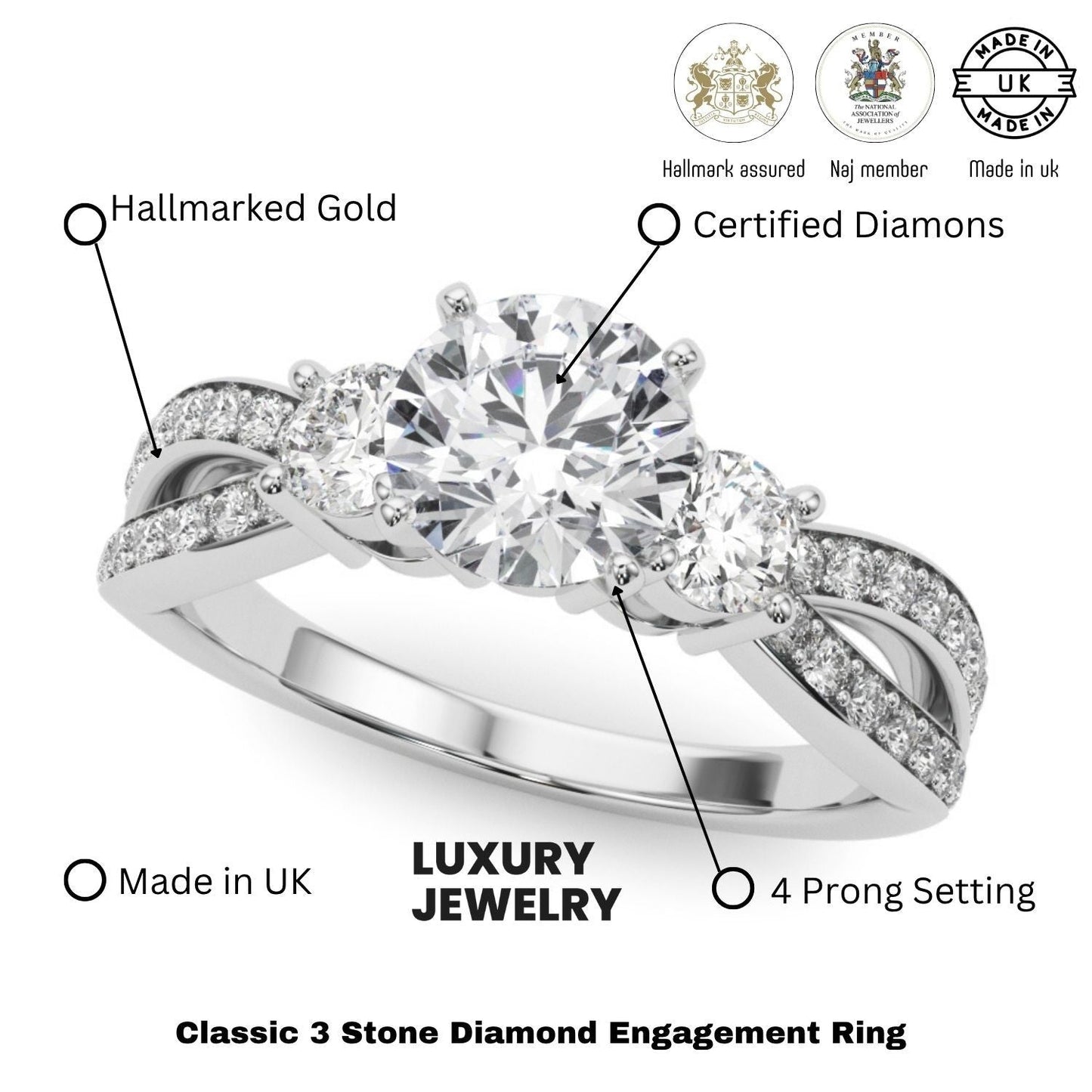 Platinum Lab Grown Diamond Designer Trilogy Engagement Ring - 2.0CT DE/VS