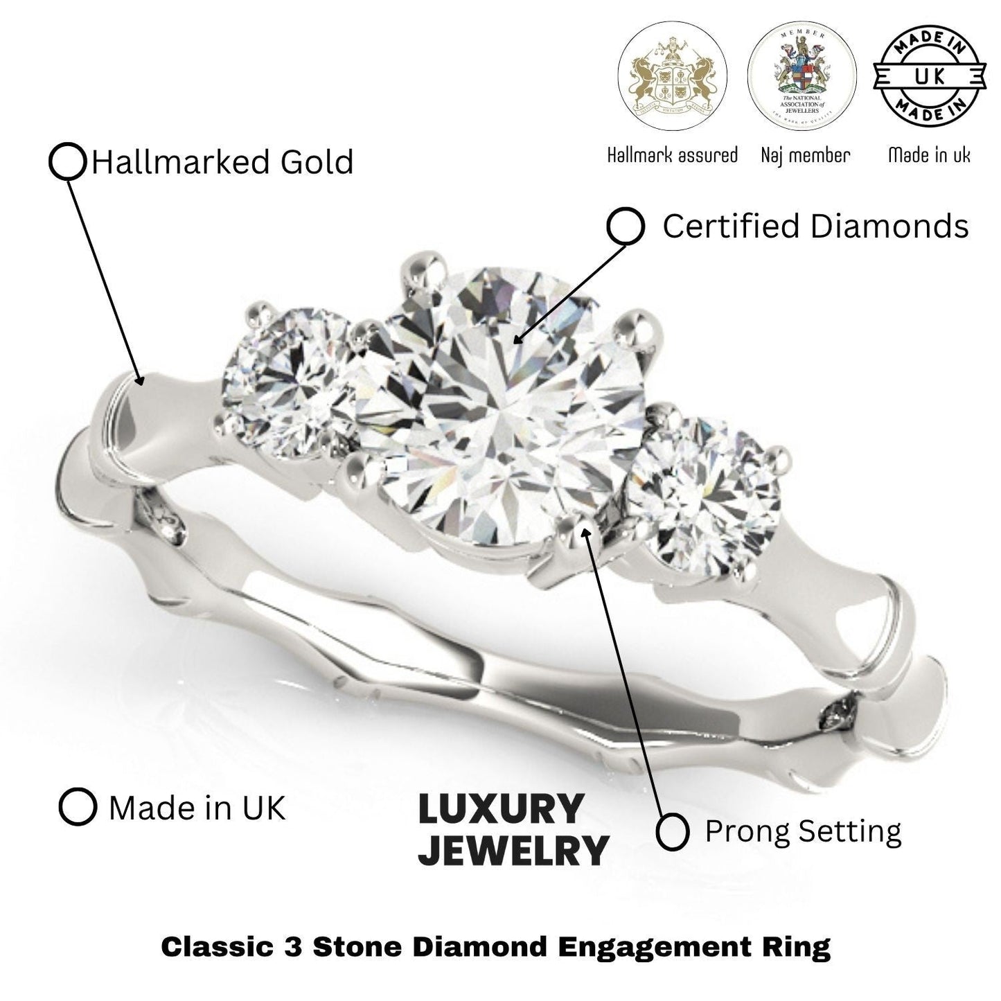 Lab Grown Round Cut Diamond 3 Stone Engagement band Platinum 2CT DE/VS