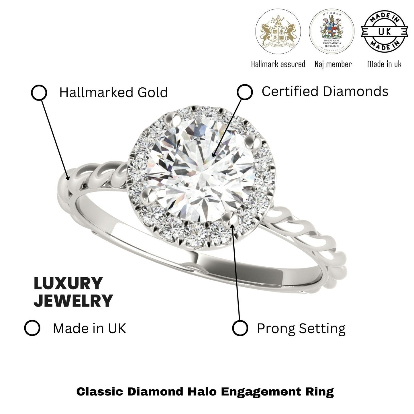 Lab-Grown Diamond 2.00 CT Halo Engagement Ring in Platinum UK Hallmarked