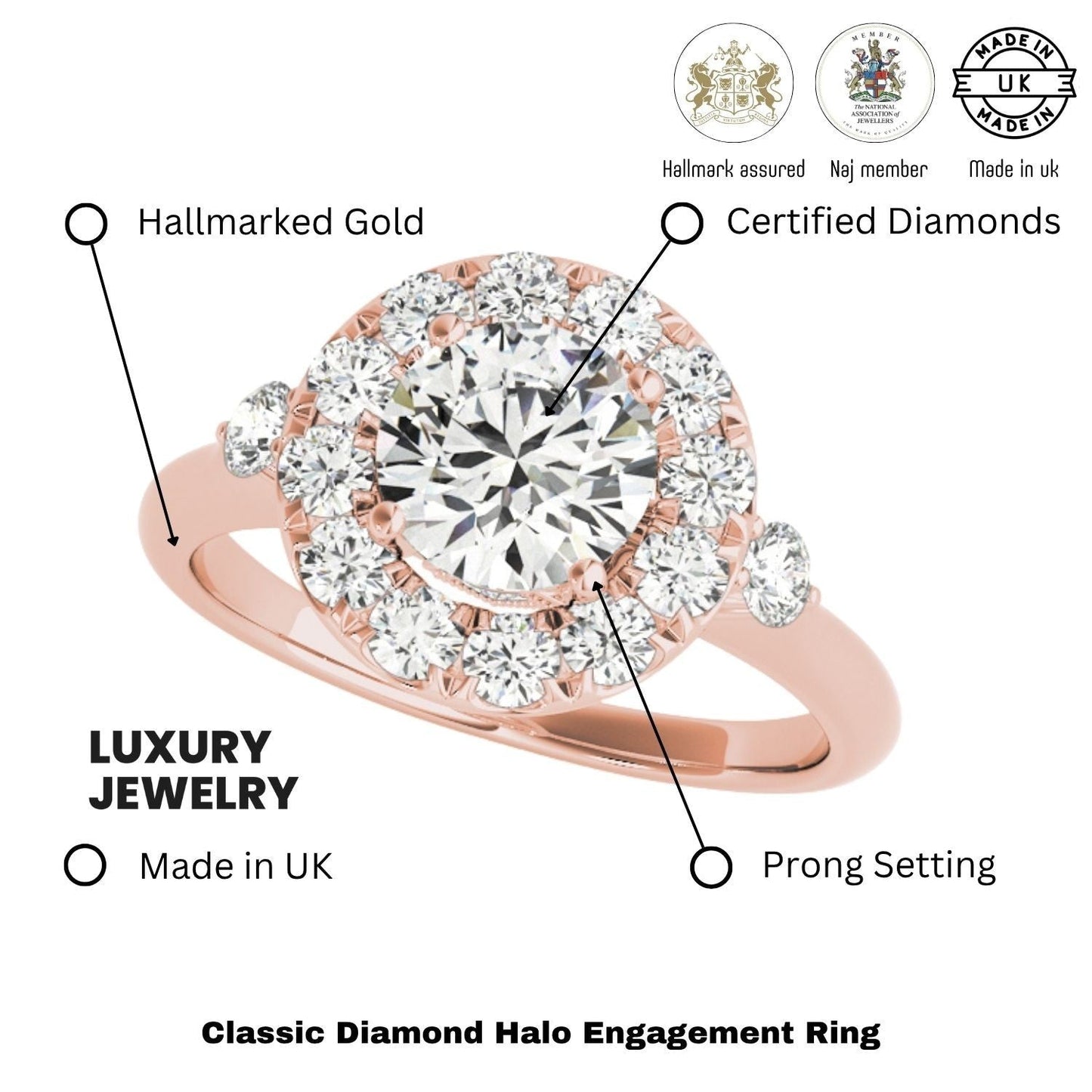 Lab Grown Round Diamond Halo Engagement Ring 18K Rose Gold
