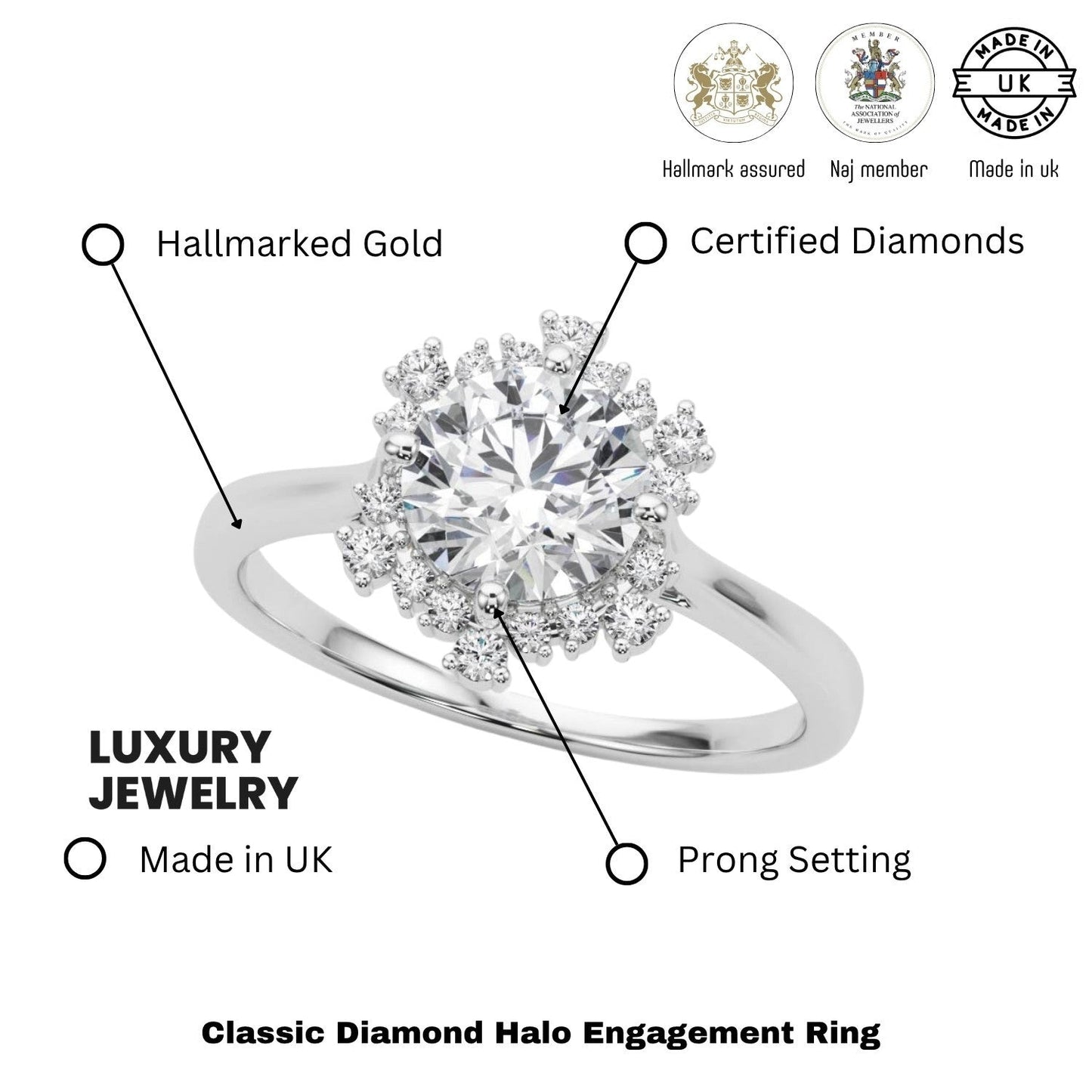 Lab-Grown Diamond Halo Engagement Ring in Platinum UK Hallmarked