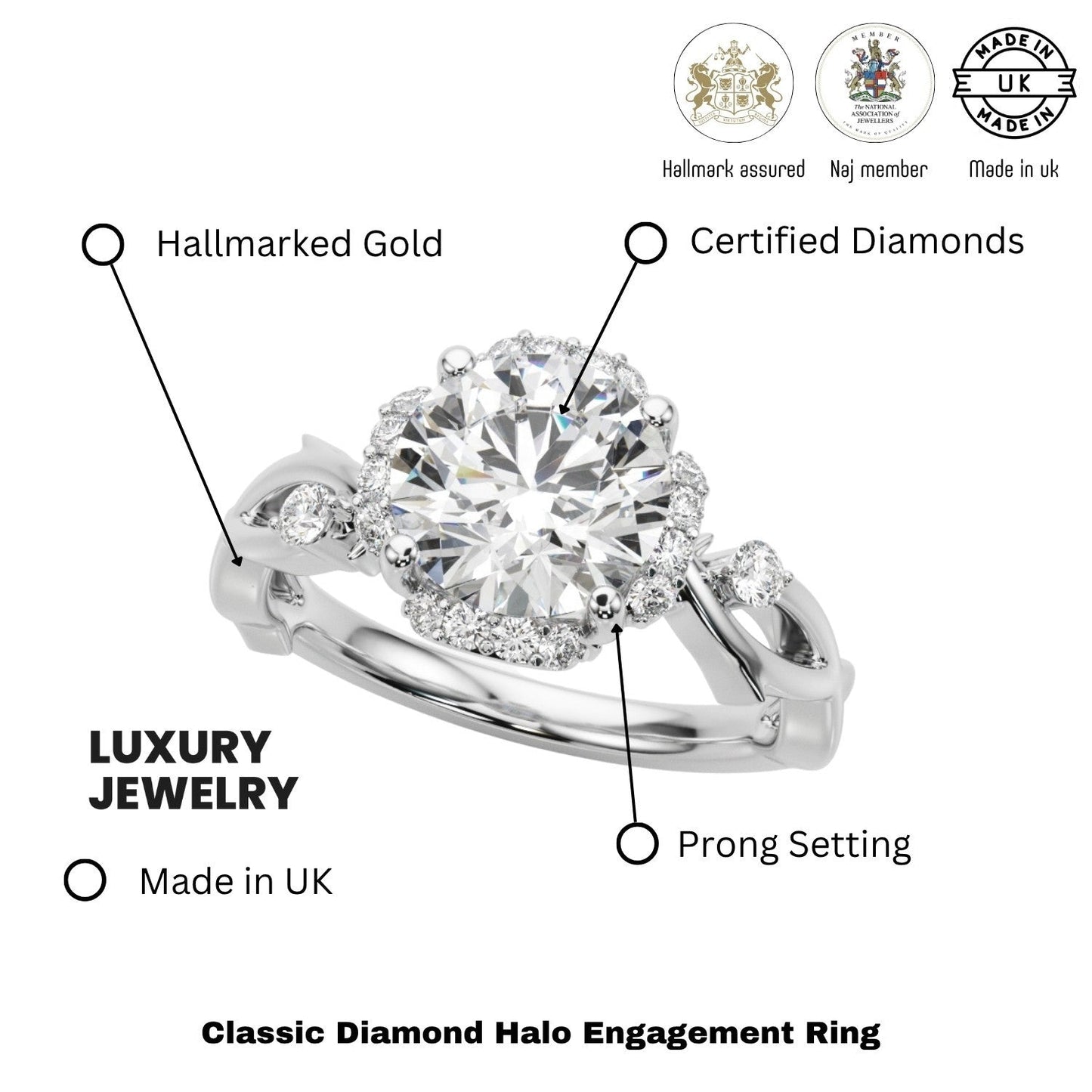 Lab-Grown Round Cut Diamond Halo Engagement Ring Platinum