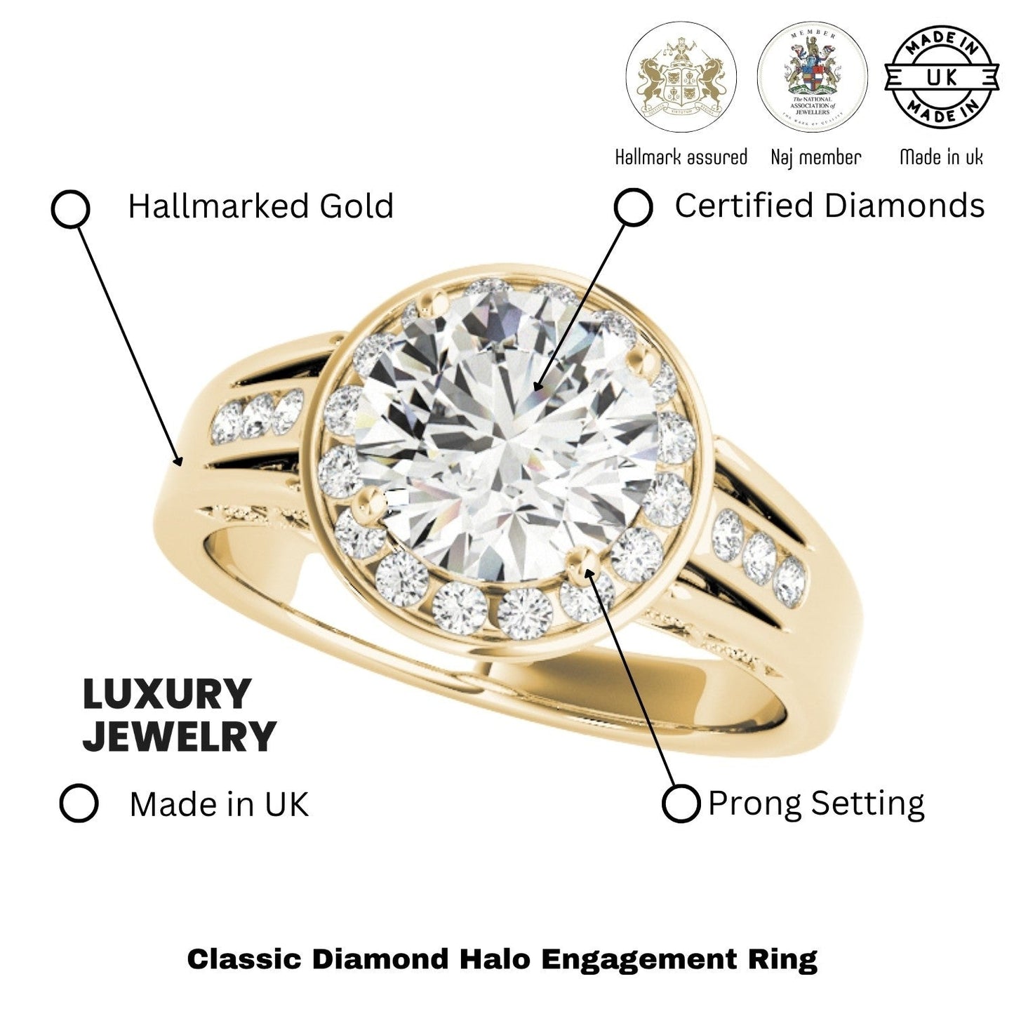 Lab Grown Round Diamond Halo Engagement Ring 18K Yellow Gold