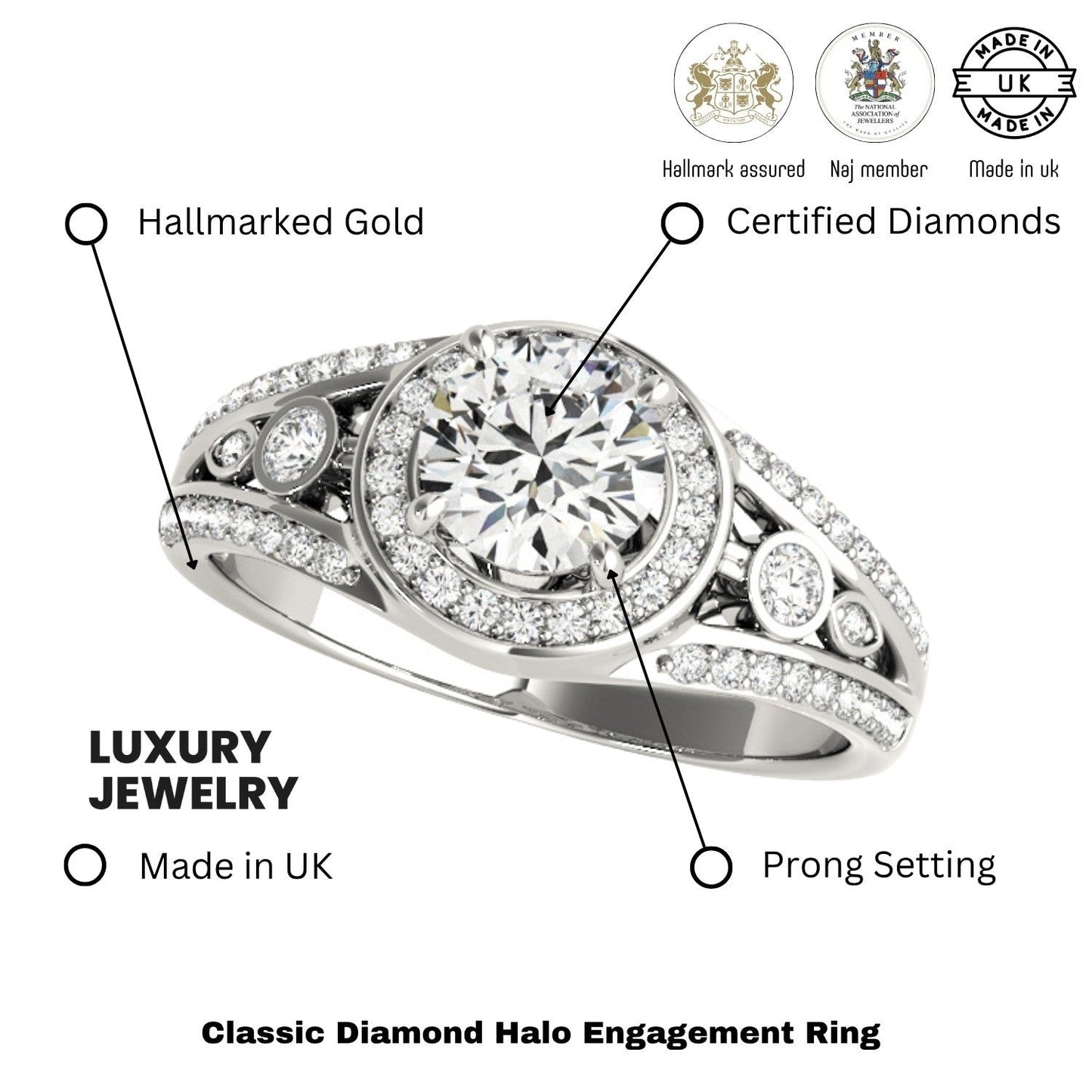 2.00Ct DE/VS Lab Grown Round Diamond Halo Engagement Ring 18K White Gold
