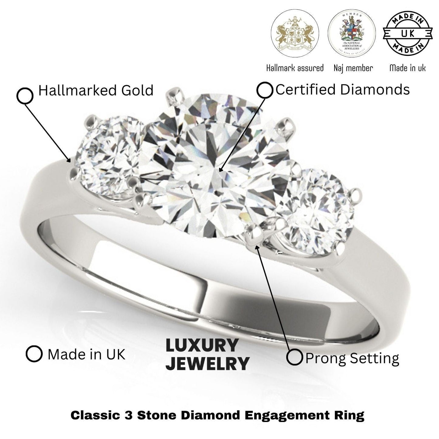 Lab Grown Round Diamond Three Stone Engagement Ring Platinum