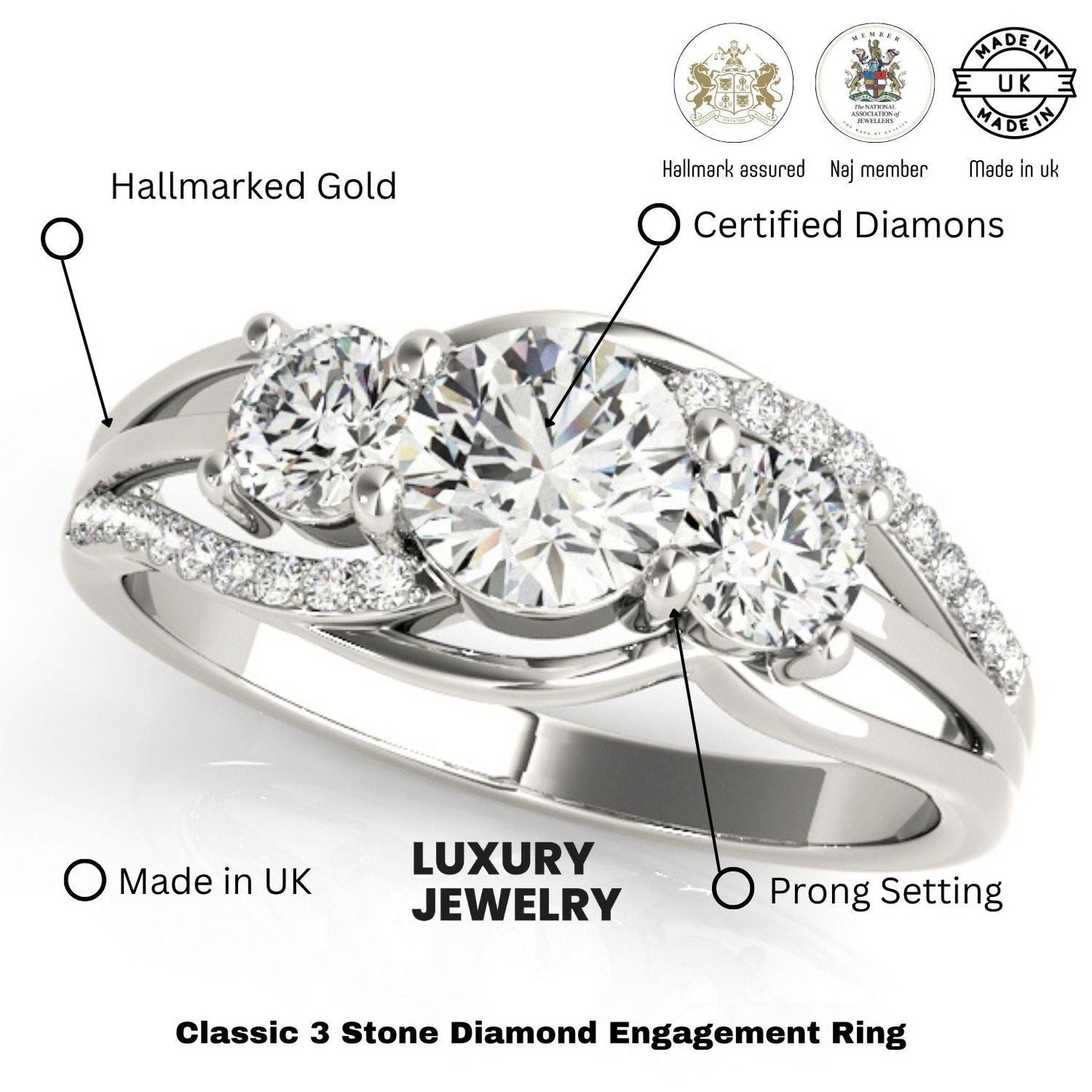 2.00ct Lab Grown Round Diamond 3 Stone Engagement Ring Platinum
