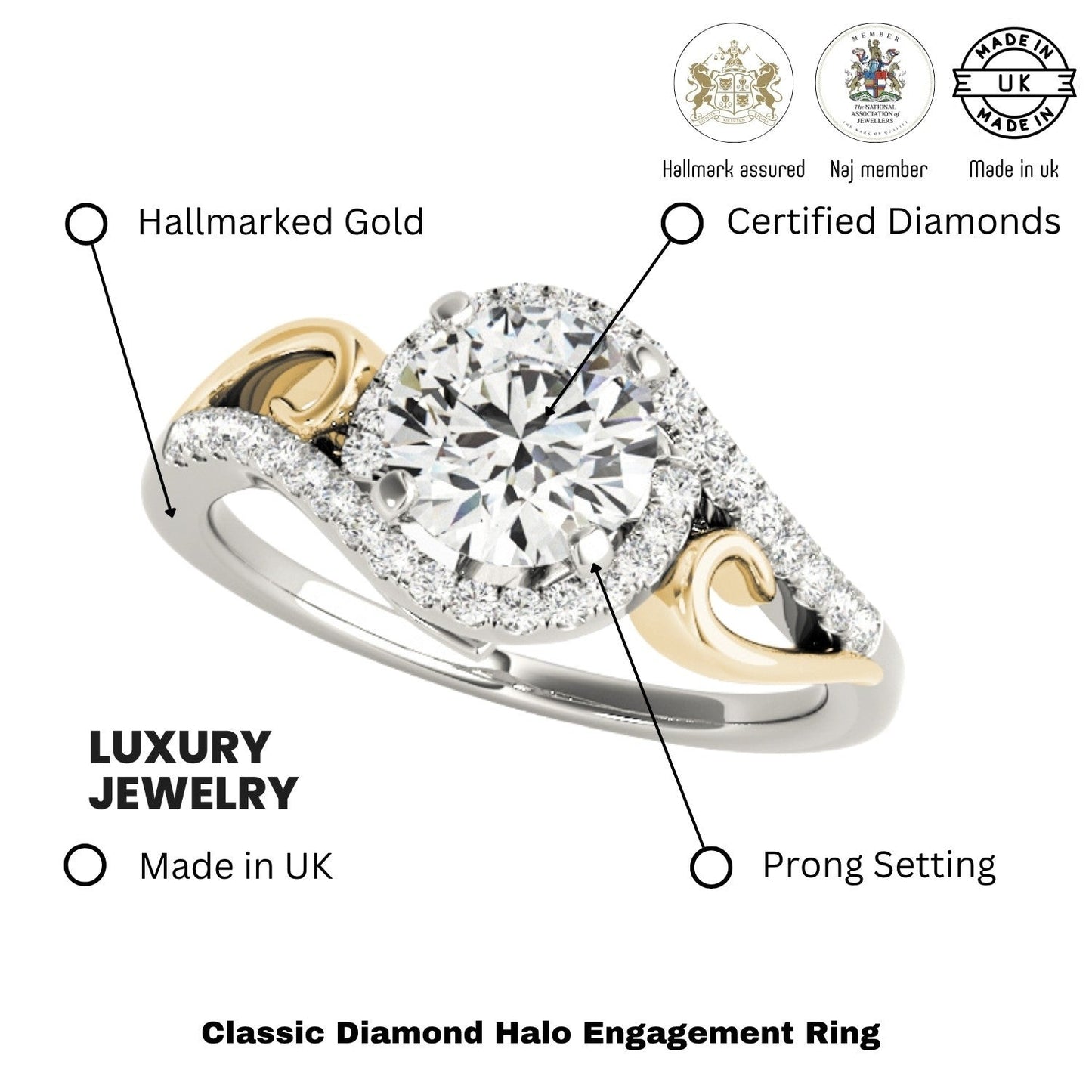 Lab Grown Round Diamond Halo Engagement Ring 18K Yellow Gold