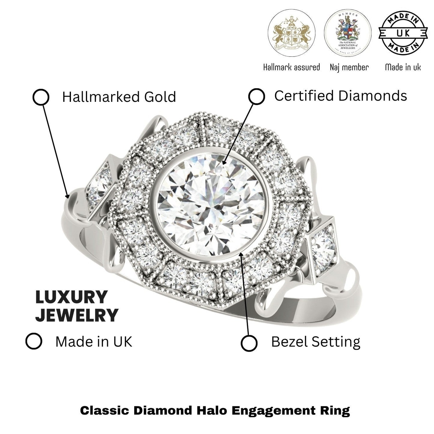 Lab-Grown Diamond Halo Engagement Ring in Platinum UK Hallmarked