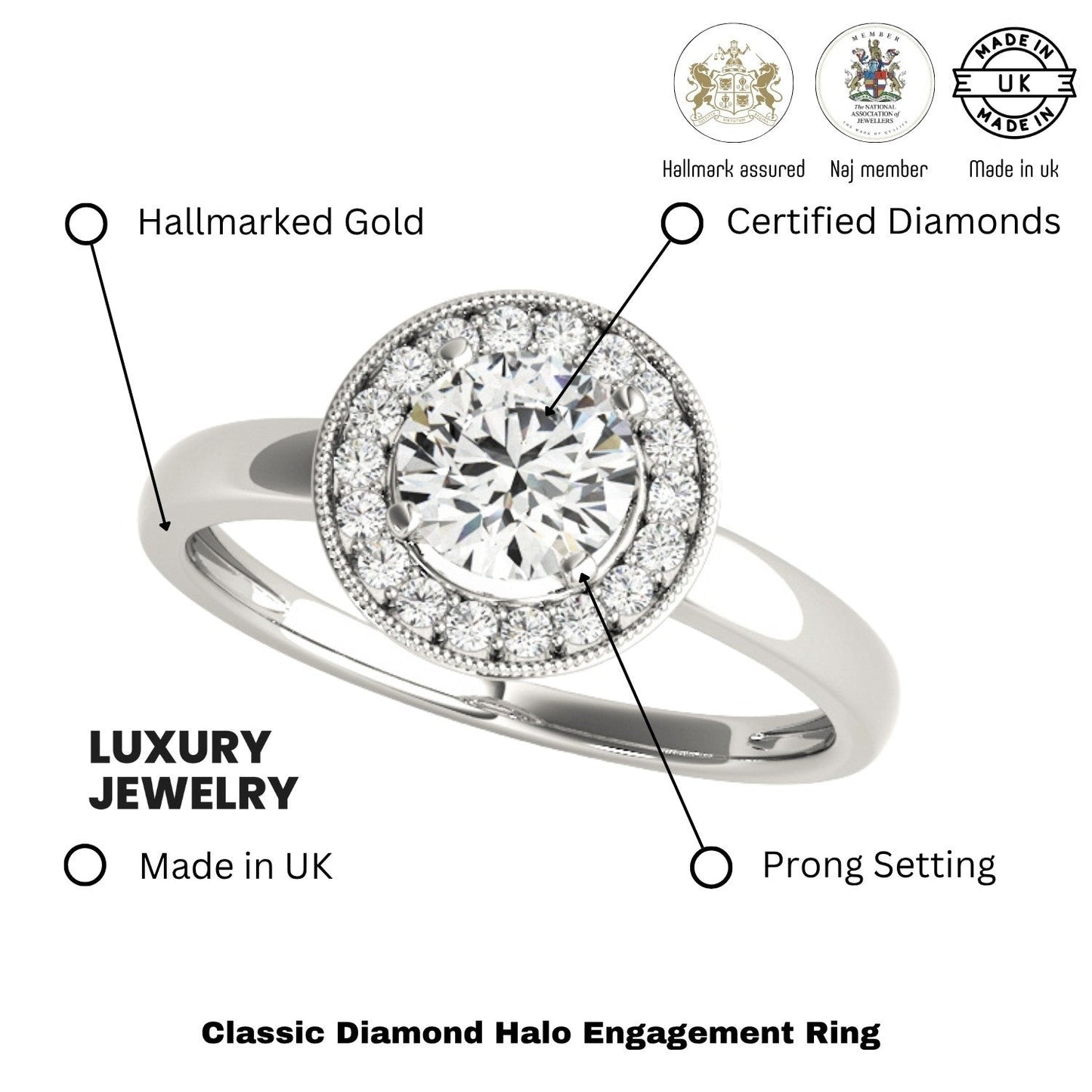 2.00 Carat DE/VS Lab Grown Round Diamond Halo Engagement Ring 18K White Gold