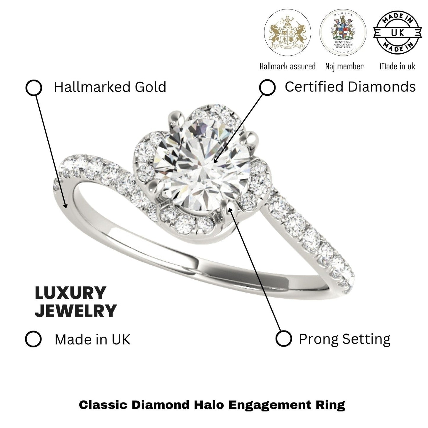 2.00Ct DE/VS Lab Grown Round Diamond Halo Engagement Ring 18K White Gold
