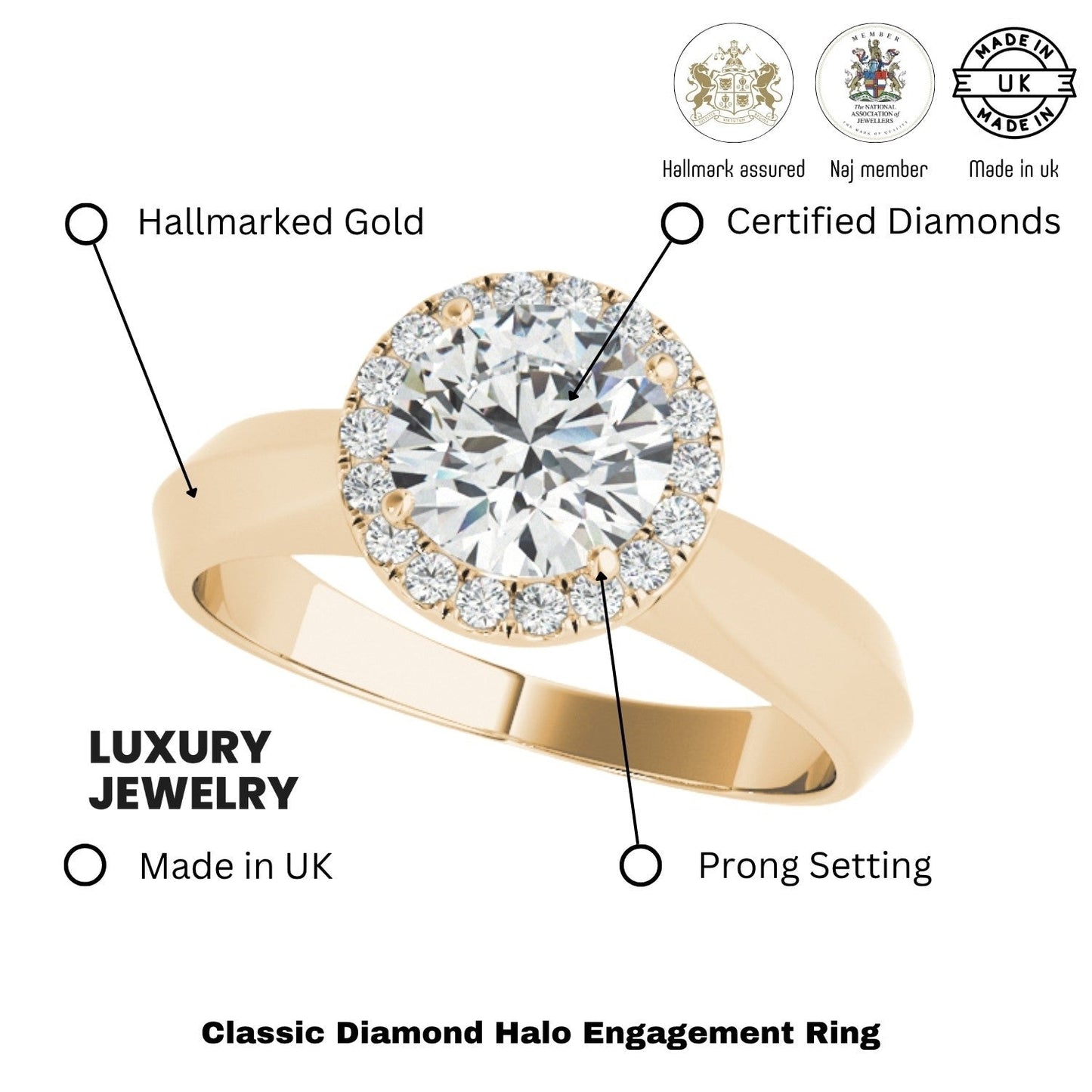 2.00 Ct DE/VS Lab-Grown Diamond Halo Engagement Ring in 18K Yellow Gold ÐUK Made
