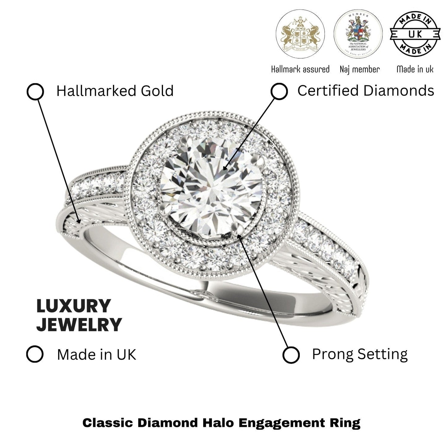 2.00 Carat DE/VS Lab Grown Round Cut Diamond Halo Engagement Ring 18K White Gold